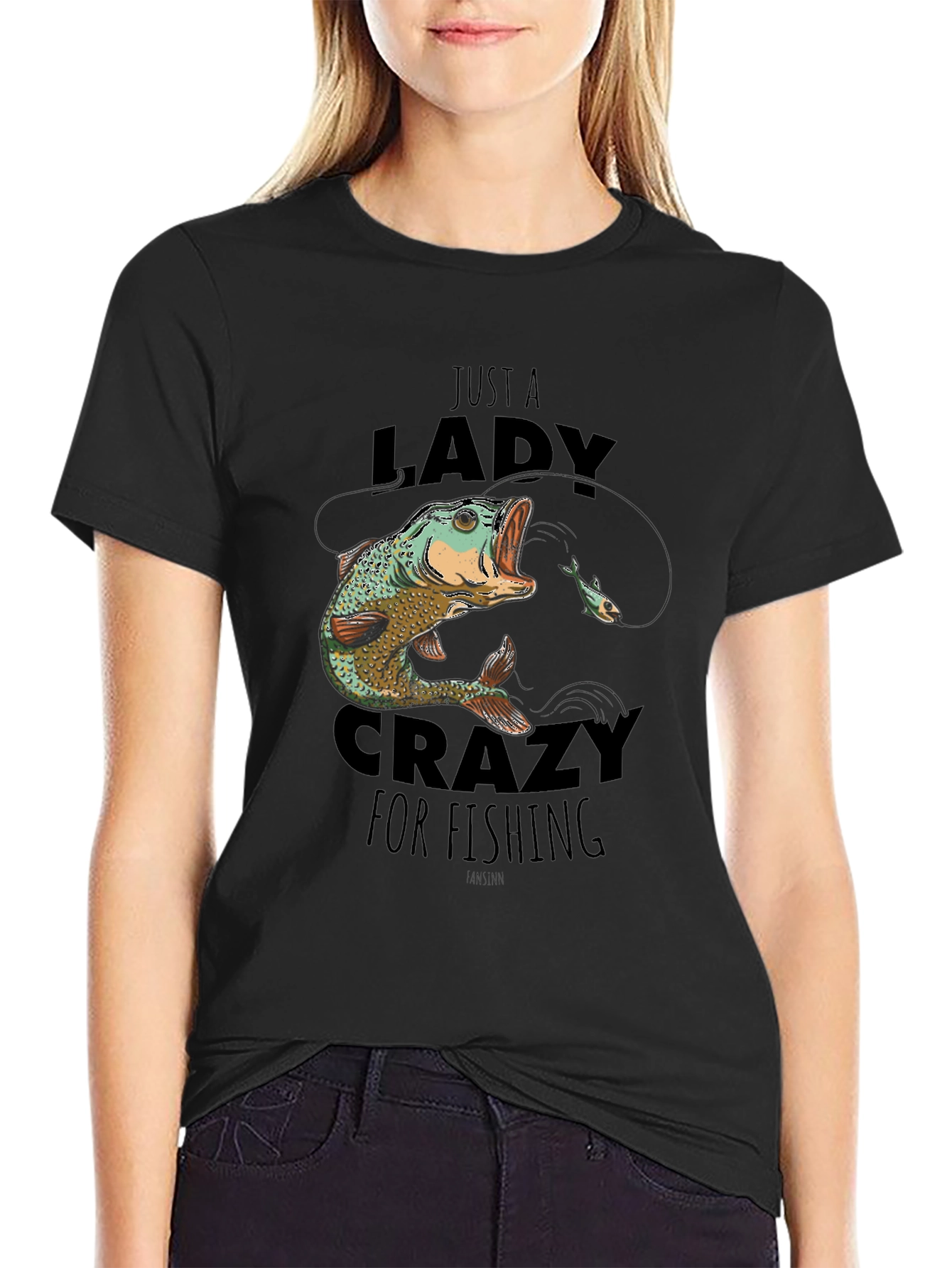 Funny Lady Crazy for Fishing Black T-Shirt