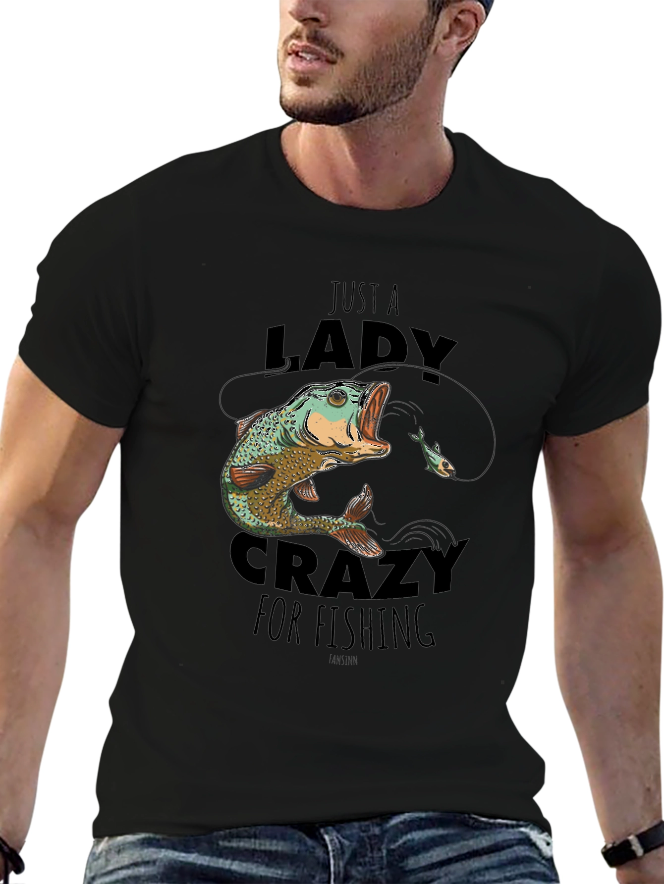 Funny Lady Crazy for Fishing Black T-Shirt