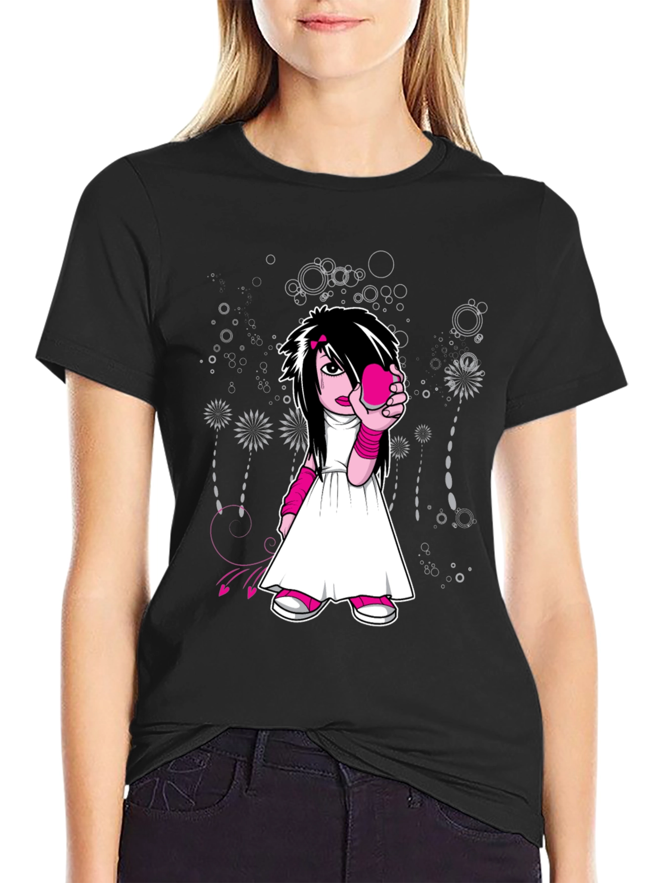 Emo Girl Graphic Print Black T-Shirt
