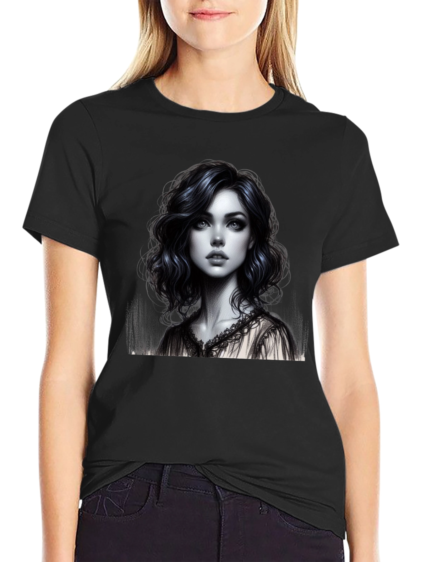 Artistic Woman Graphic Tee - Stylish Black Shirt