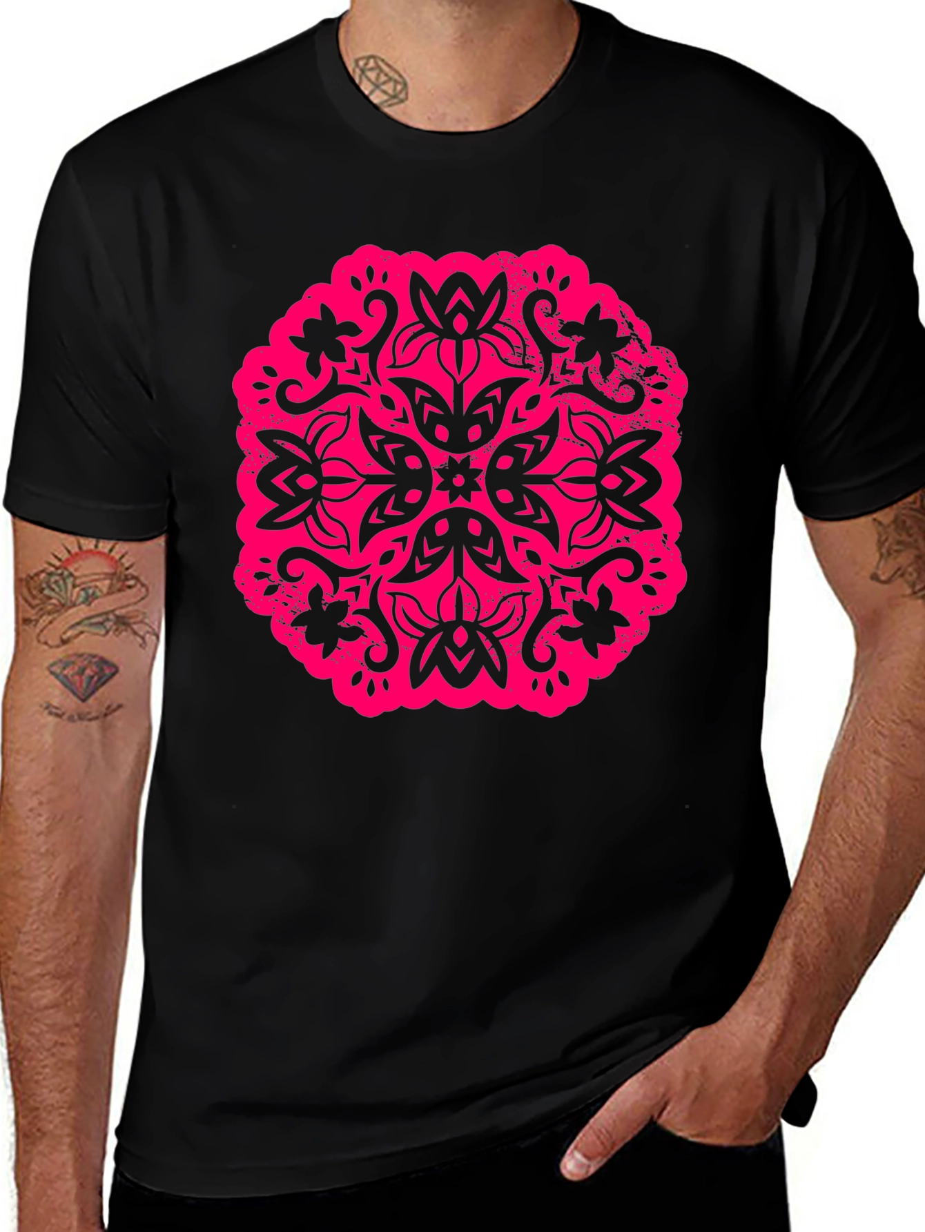 Black T-Shirt with Floral Mandala Graphic