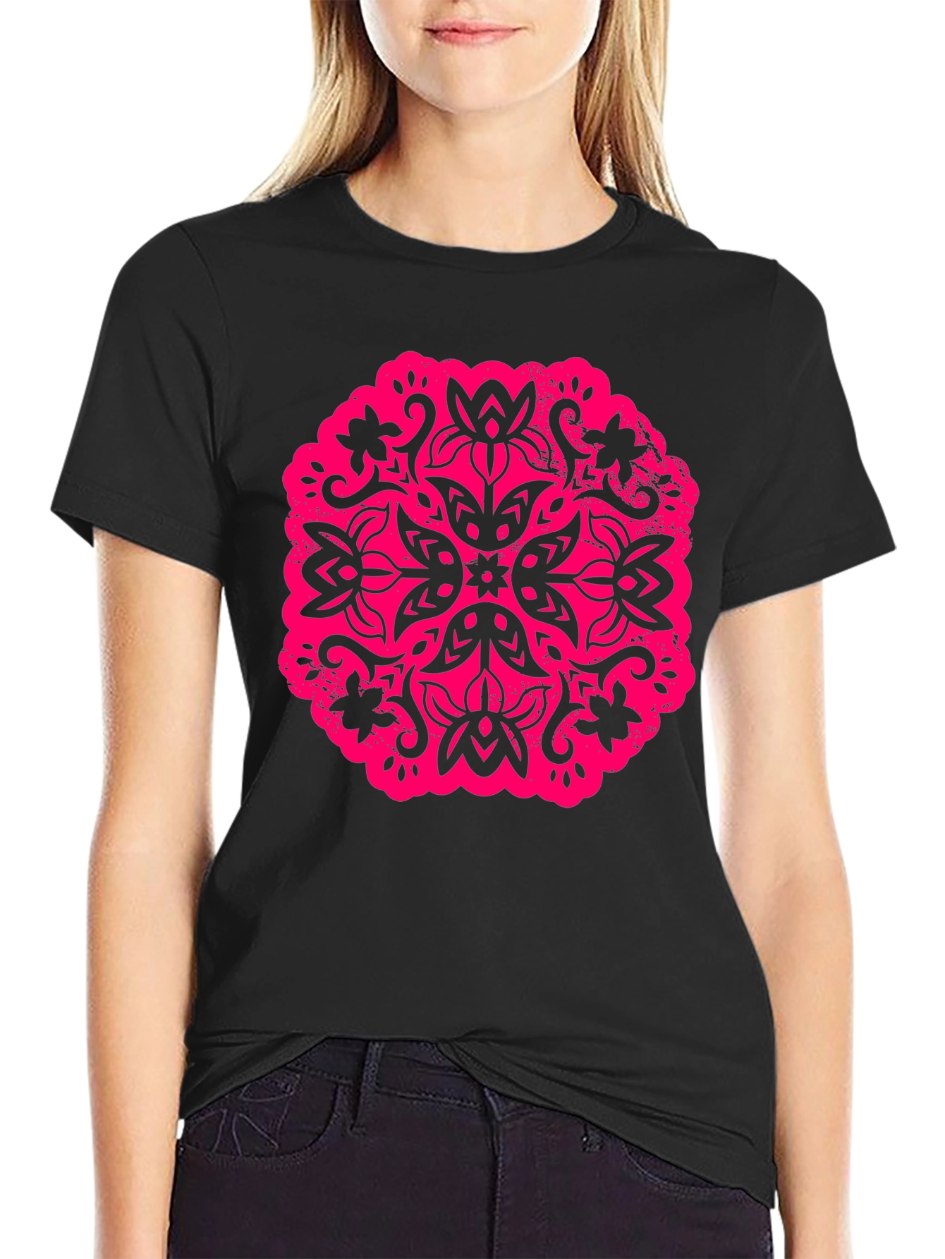 Black T-Shirt with Floral Mandala Graphic