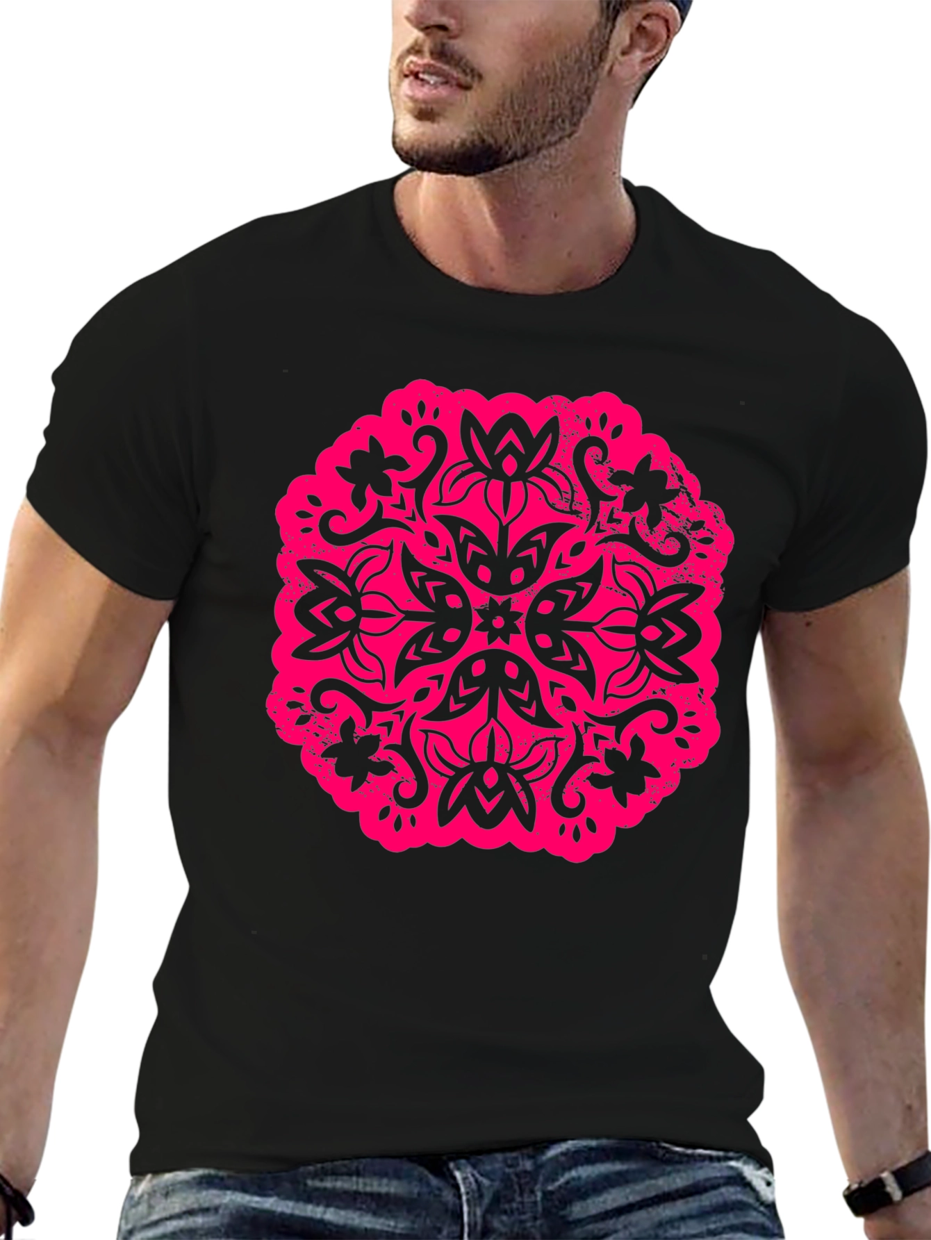 Black T-Shirt with Floral Mandala Graphic