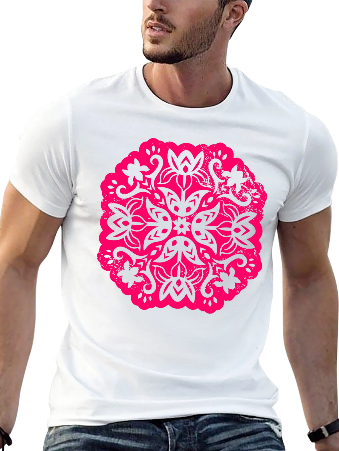 Black T-Shirt with Floral Mandala Graphic