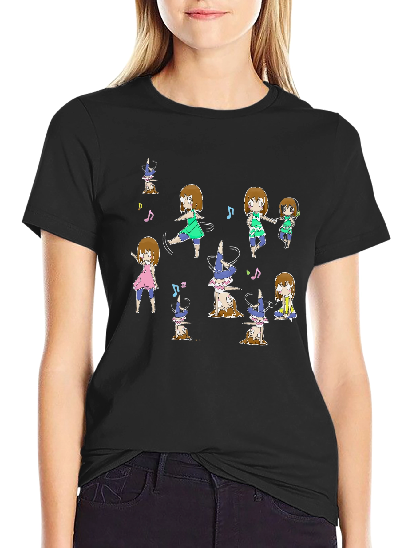 Fun Dancing Anime Character Graphic Black Tee