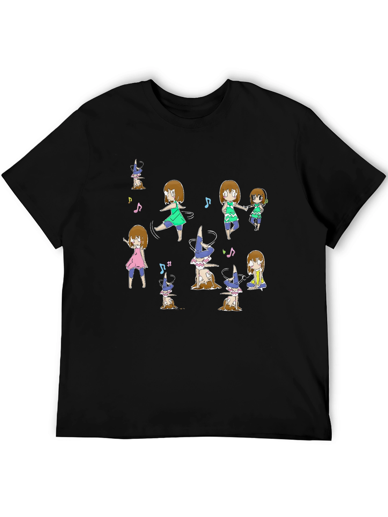 Fun Dancing Anime Character Graphic Black Tee