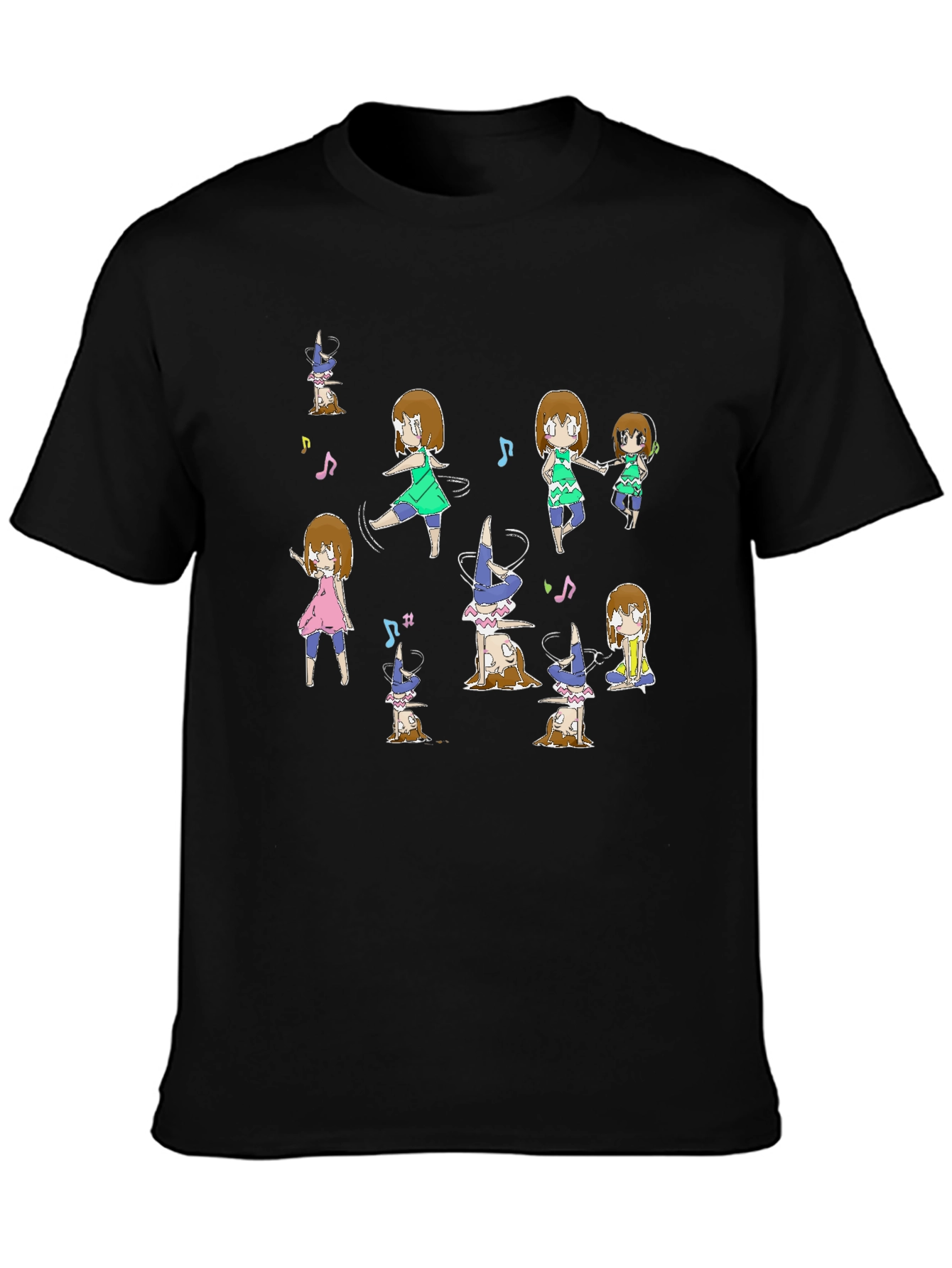 Fun Dancing Anime Character Graphic Black Tee