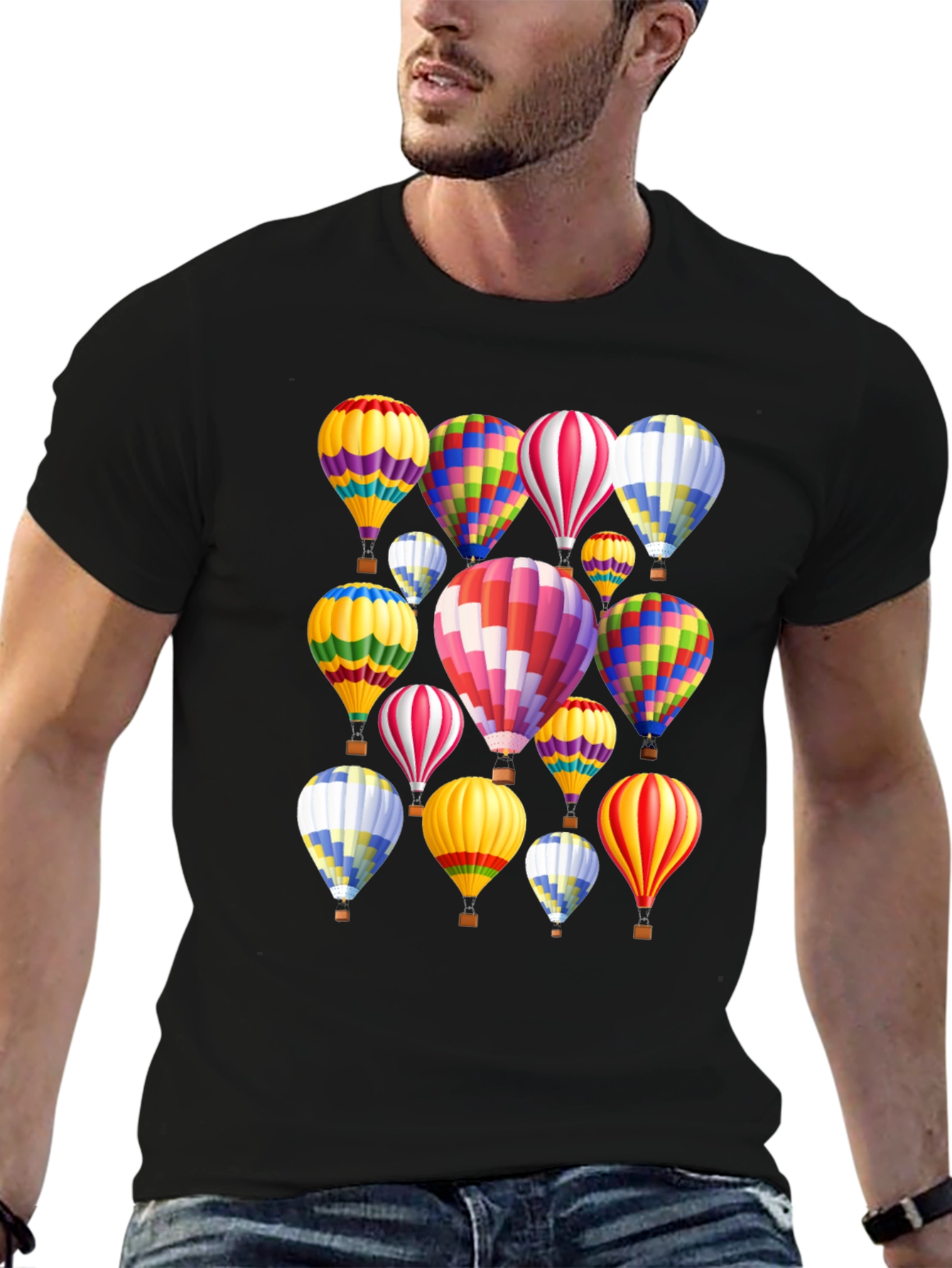 Hot Air Balloon Pattern Black T-Shirt