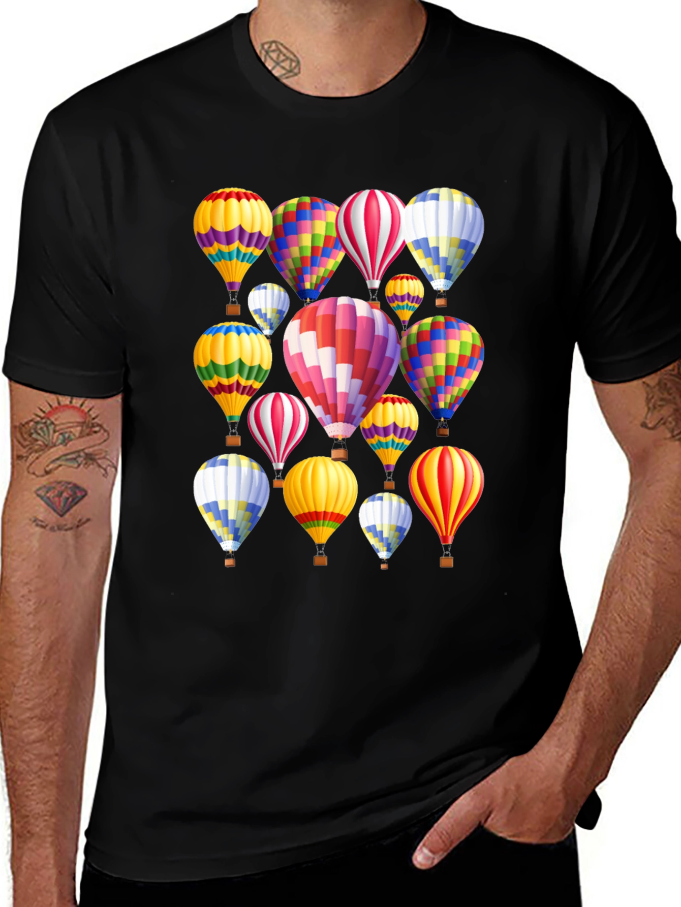 Hot Air Balloon Pattern Black T-Shirt