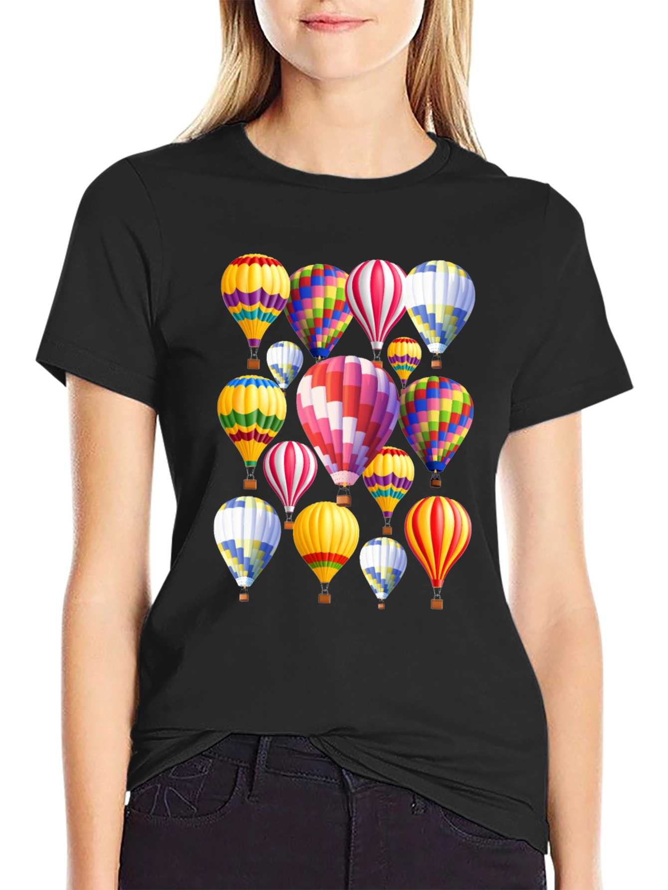 Hot Air Balloon Pattern Black T-Shirt