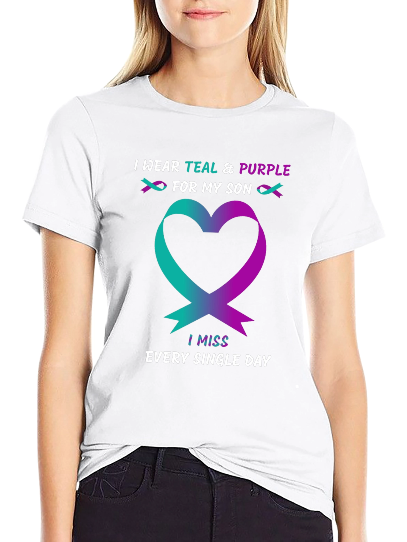 Teal & Purple Ribbon Heart Miss My Son T-Shirt