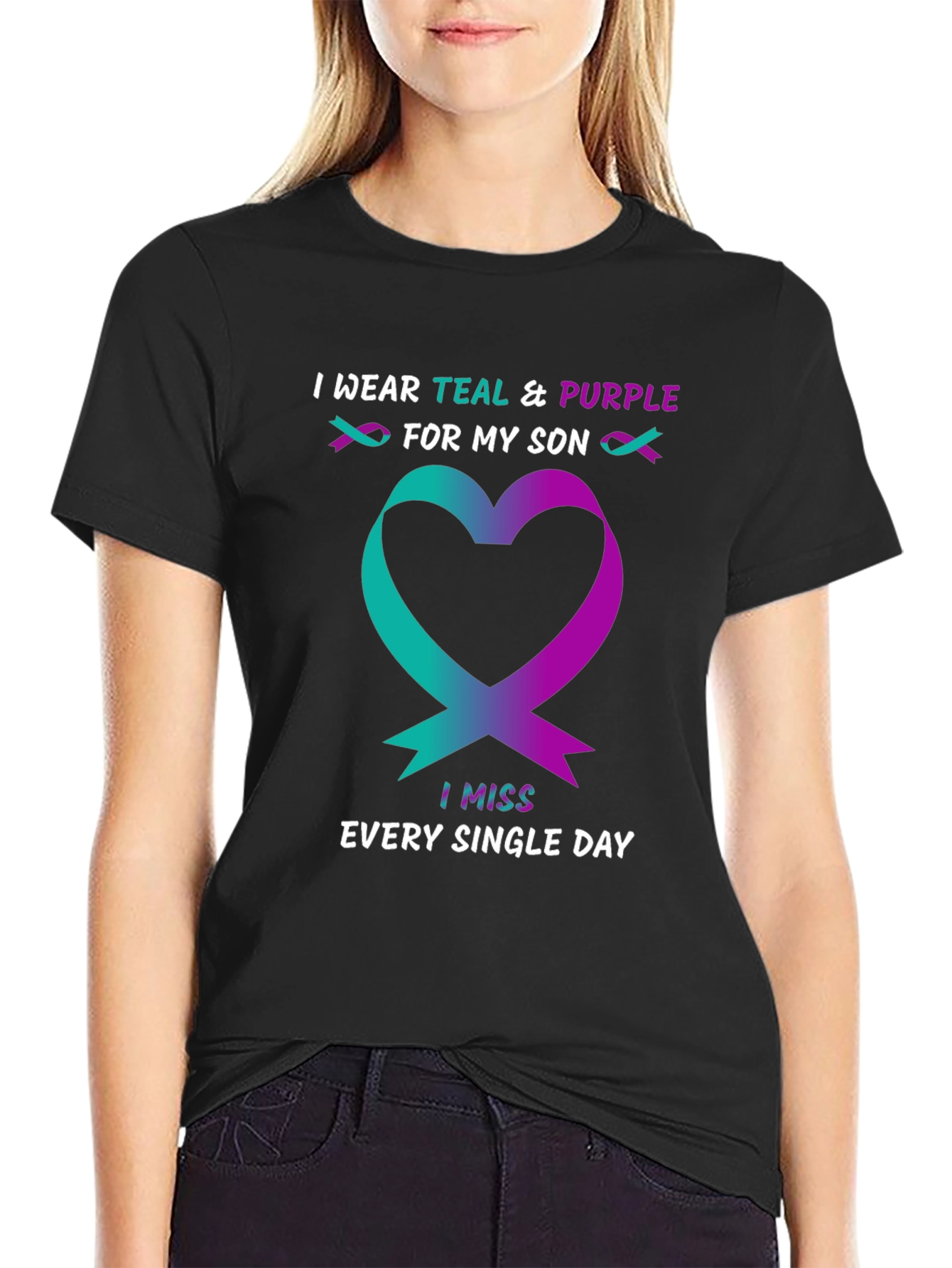 Teal & Purple Ribbon Heart Miss My Son T-Shirt