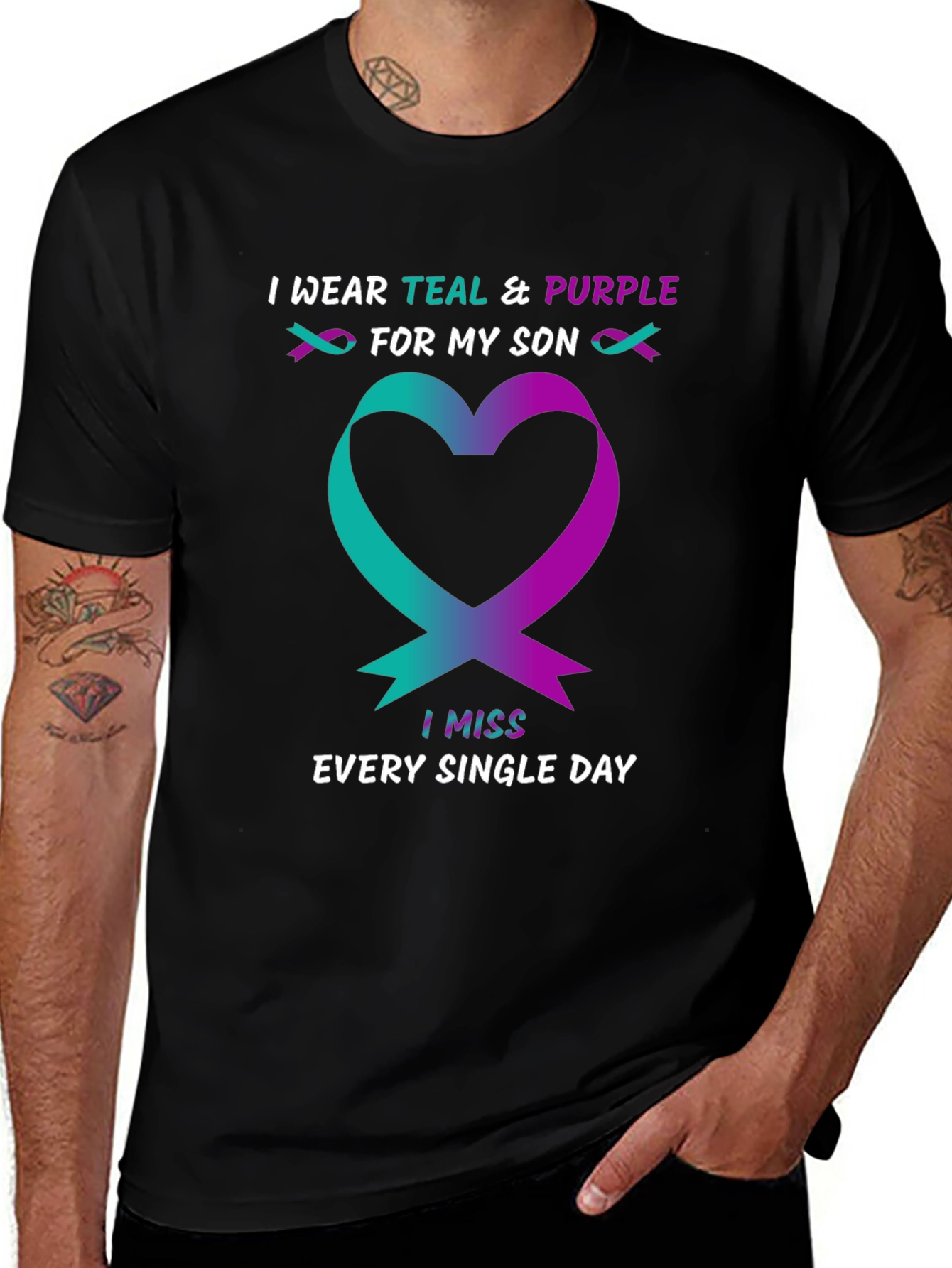 Teal & Purple Ribbon Heart Miss My Son T-Shirt