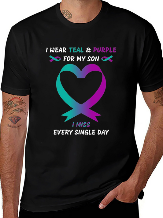Teal & Purple Ribbon Heart Miss My Son T-Shirt