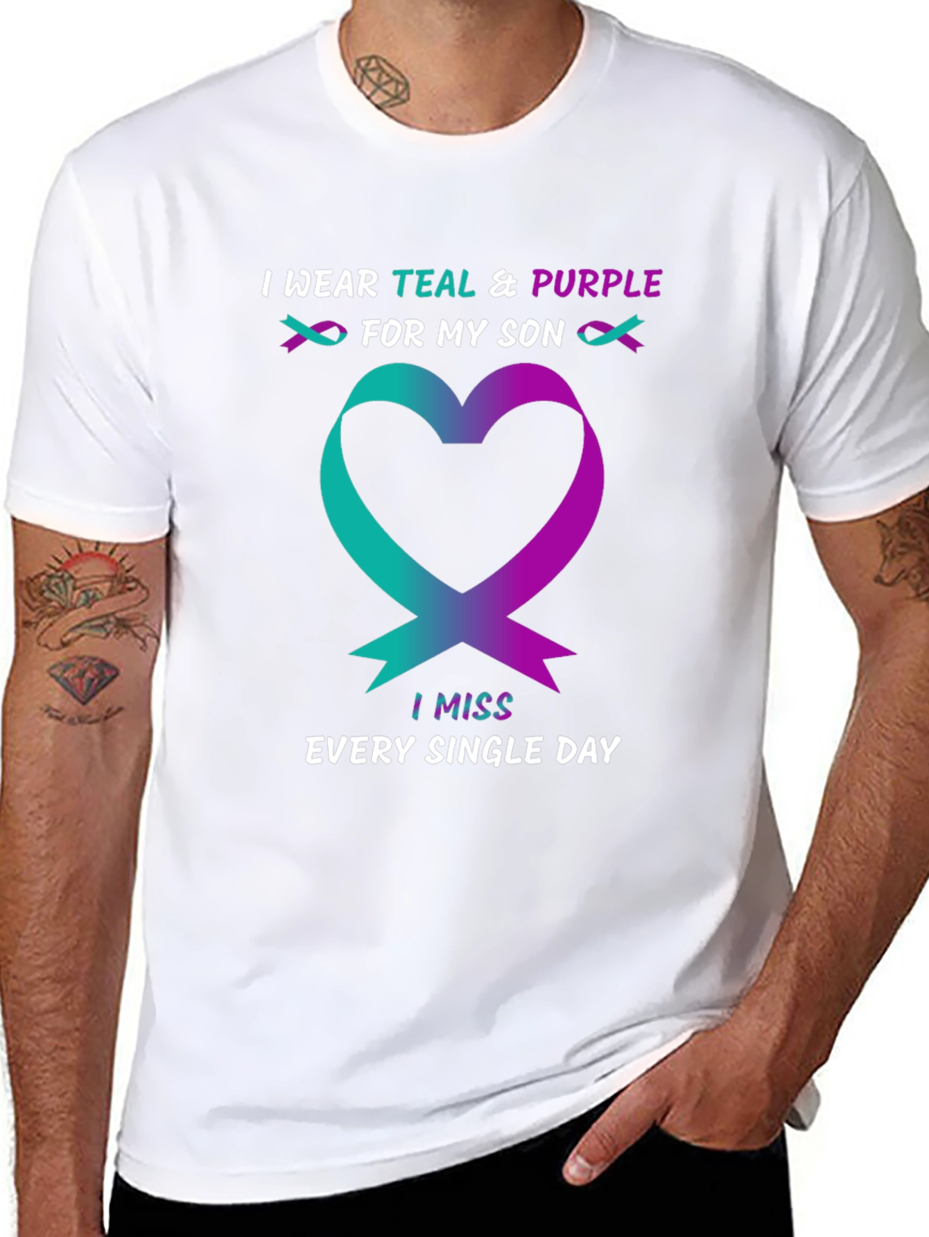 Teal & Purple Ribbon Heart Miss My Son T-Shirt