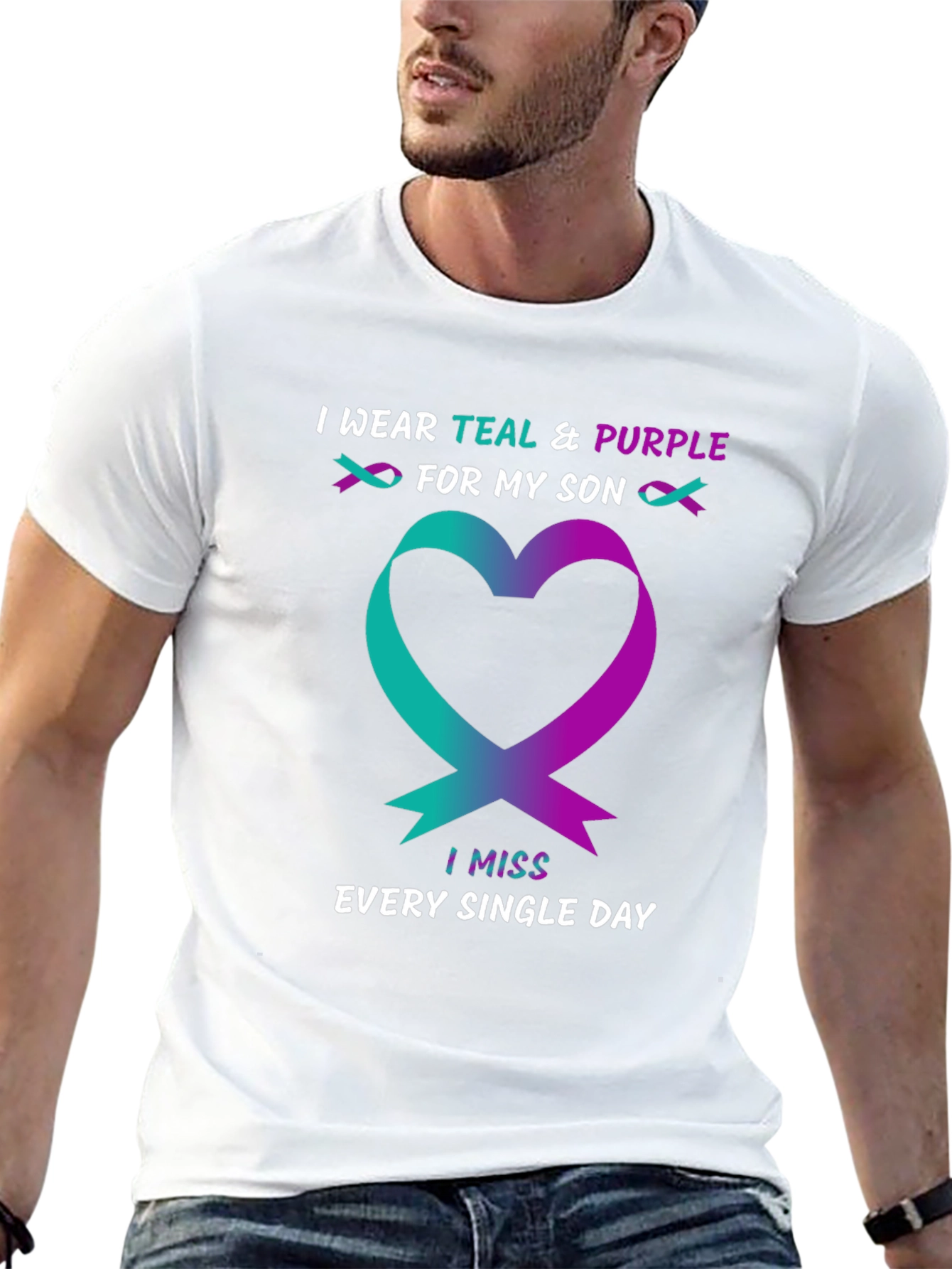 Teal & Purple Ribbon Heart Miss My Son T-Shirt