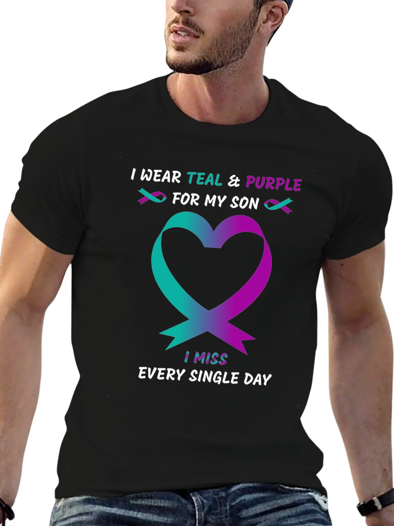 Teal & Purple Ribbon Heart Miss My Son T-Shirt