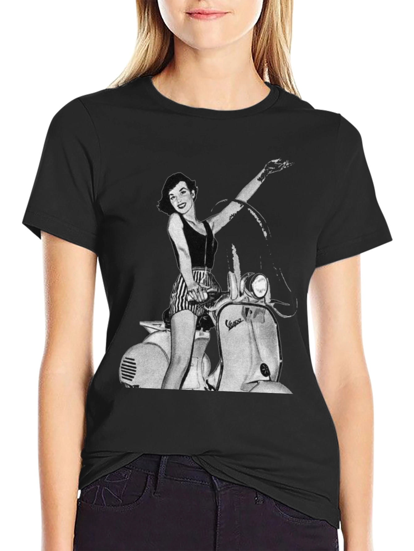 Retro Vespa Girl Black T-Shirt