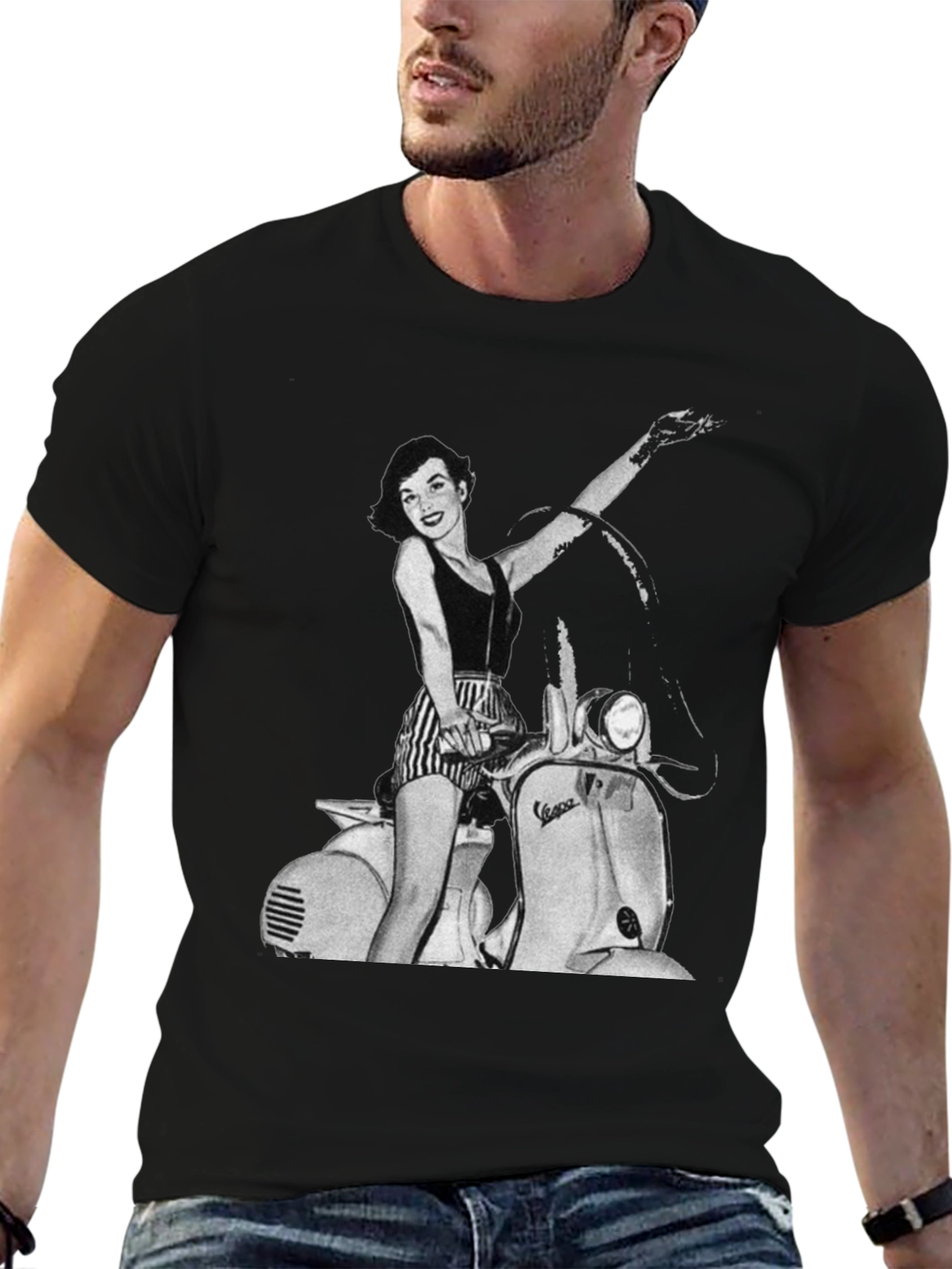 Retro Vespa Girl Black T-Shirt