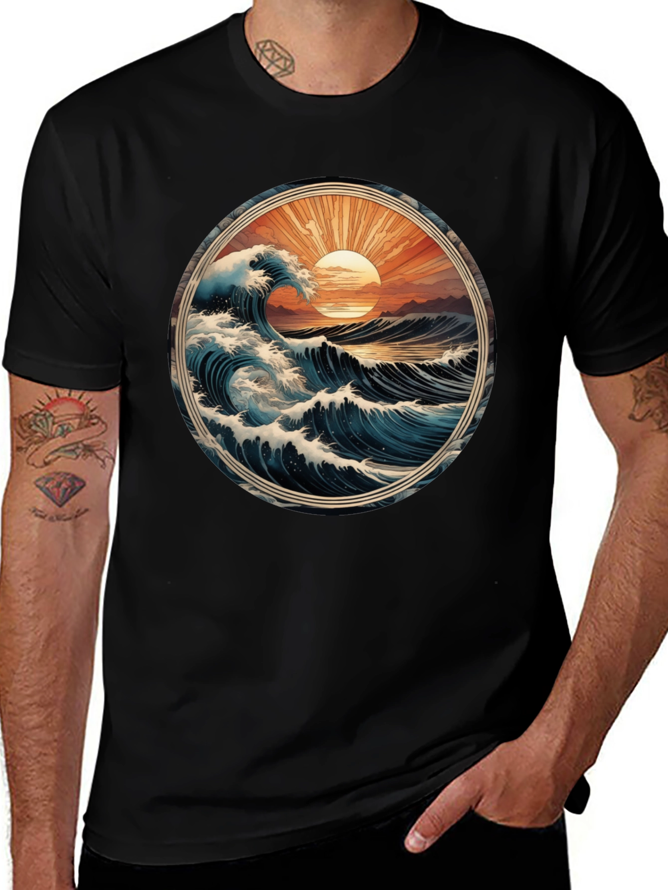 Ocean Wave Graphic Tee - Black Cotton Comfort