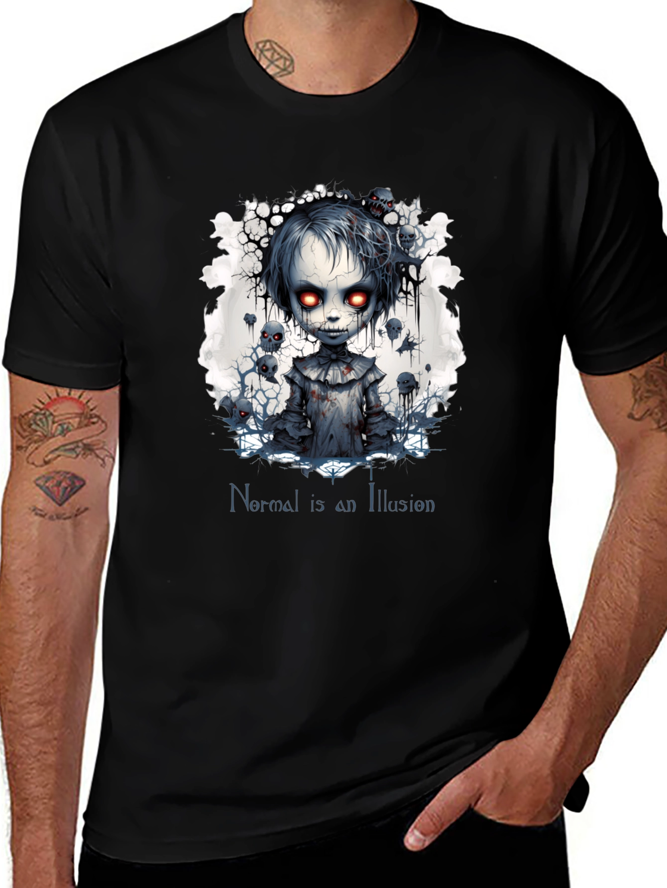 Creepy Doll Graphic Tee: Normal is an Illusion