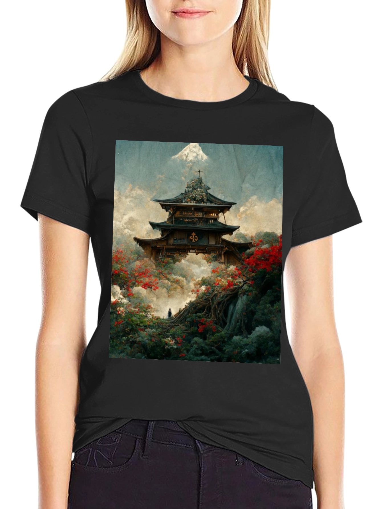 Japanese Temple Print Black T-Shirt