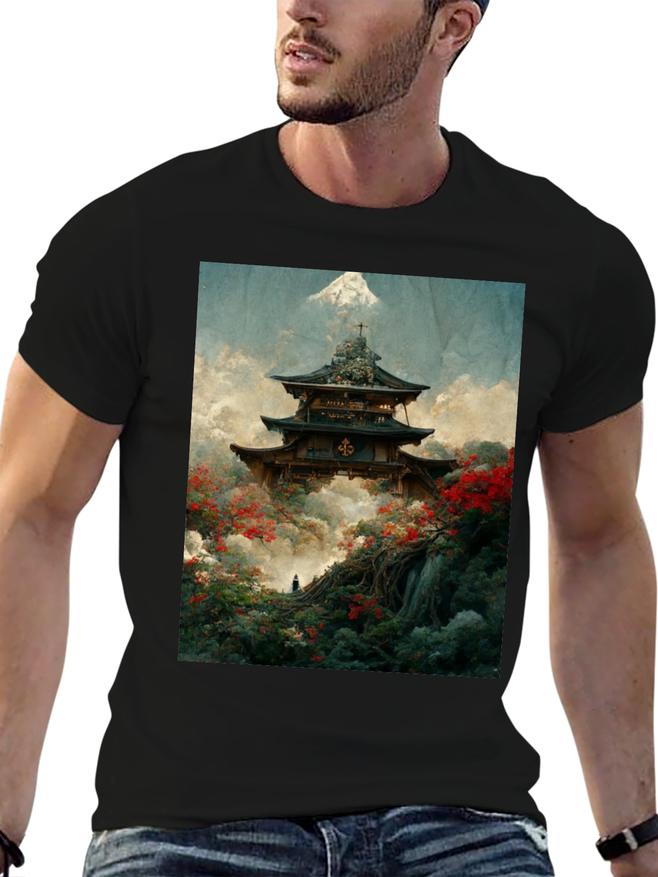 Japanese Temple Print Black T-Shirt