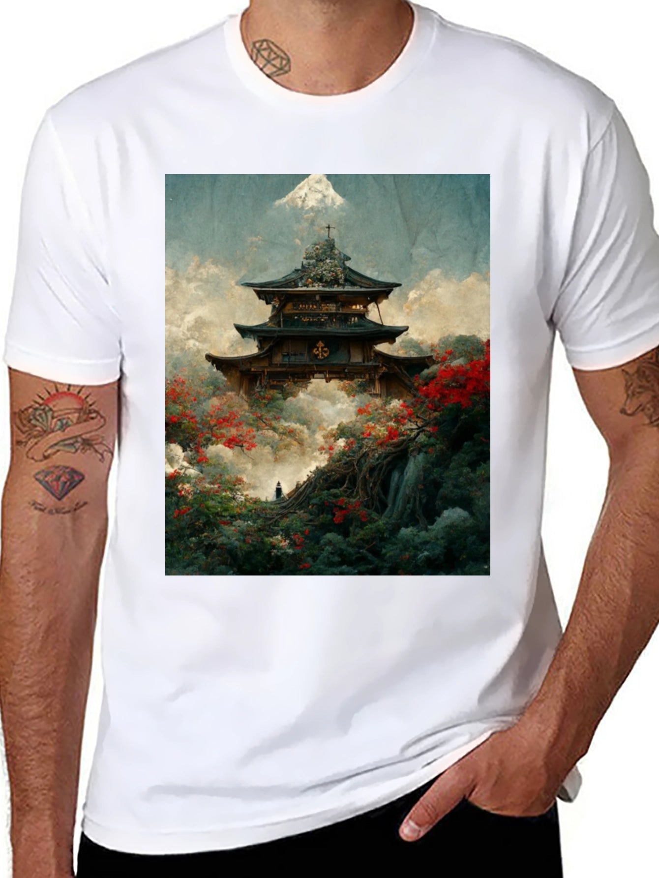 Japanese Temple Print Black T-Shirt