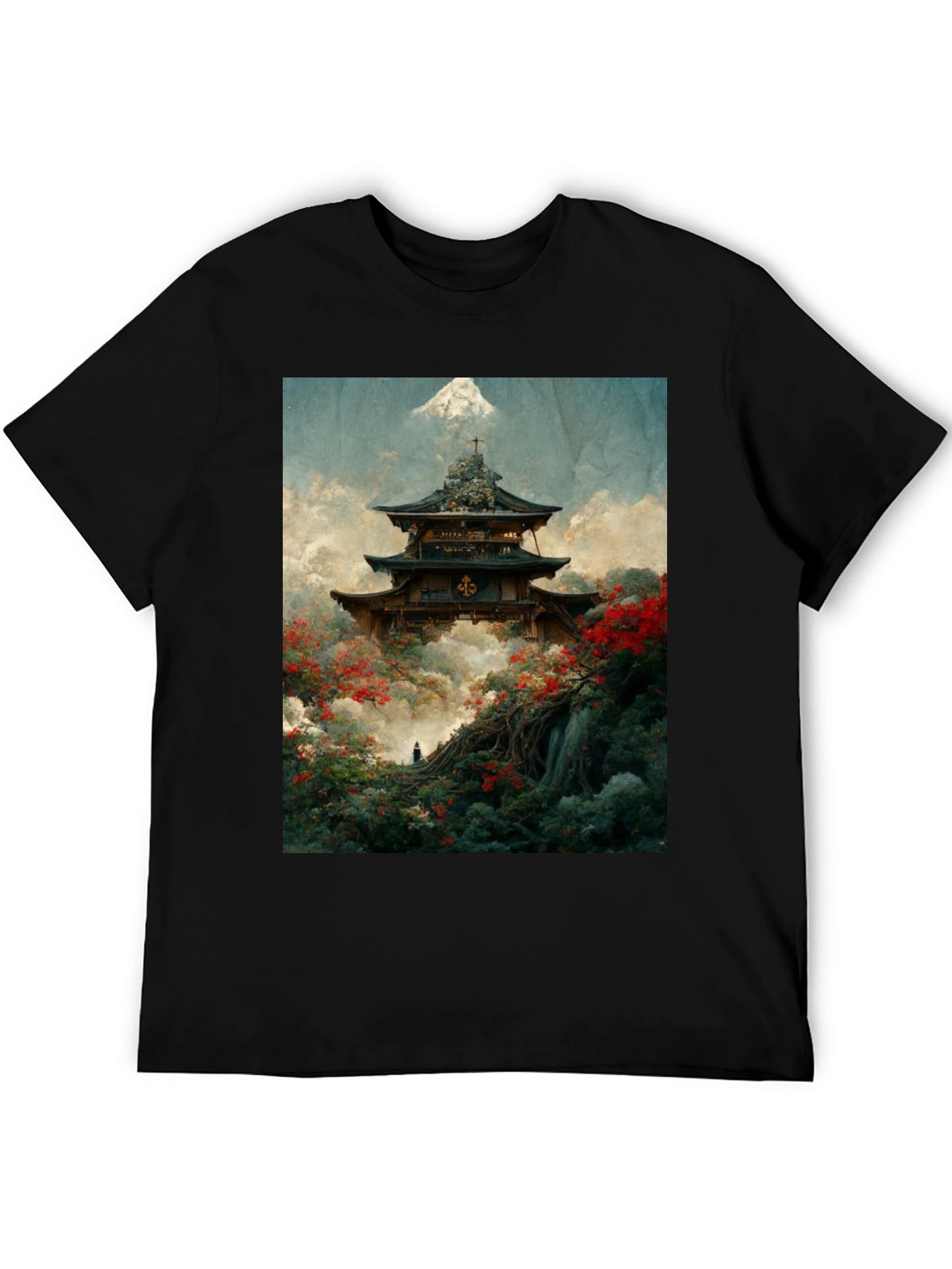 Japanese Temple Print Black T-Shirt