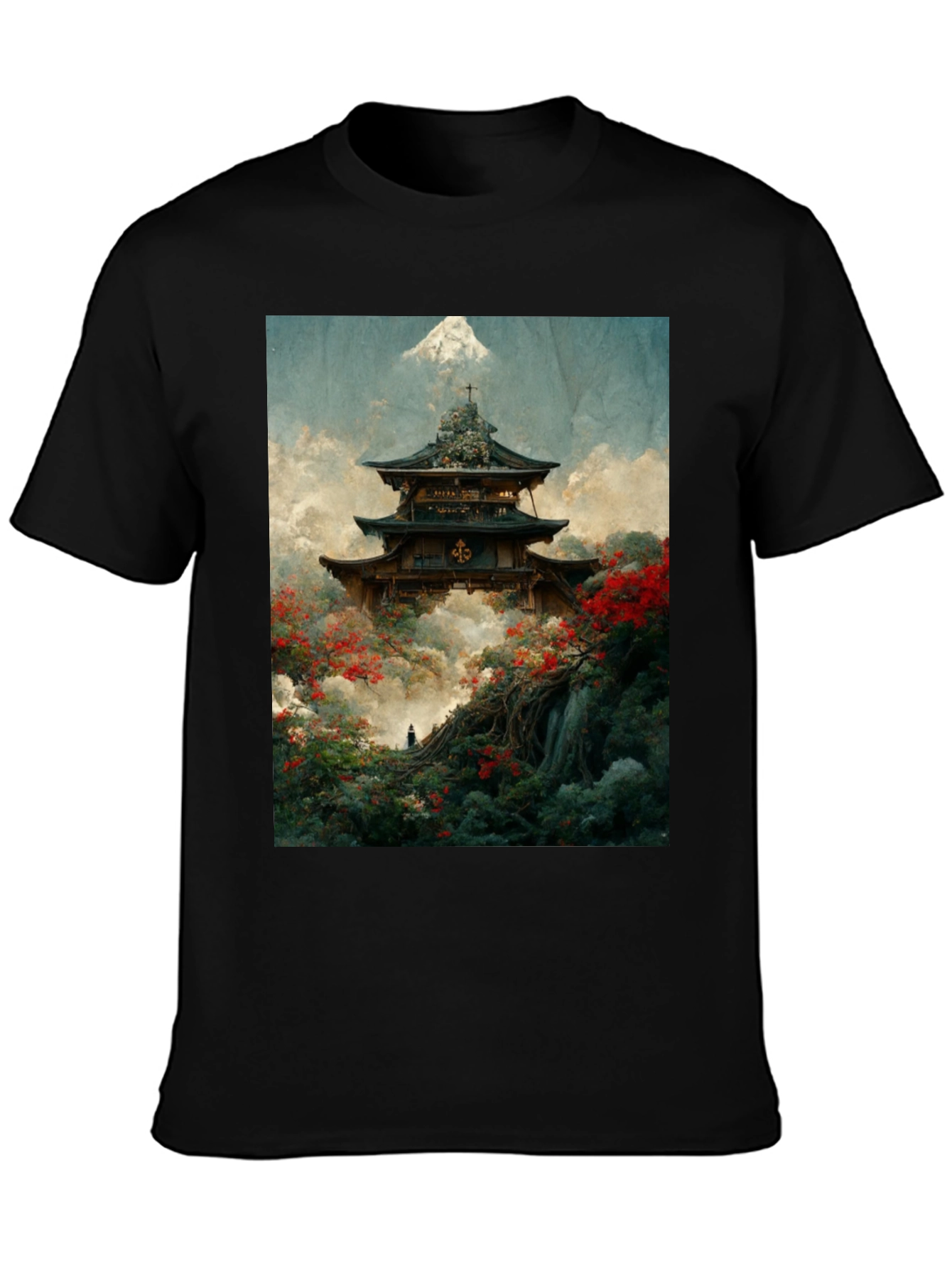 Japanese Temple Print Black T-Shirt