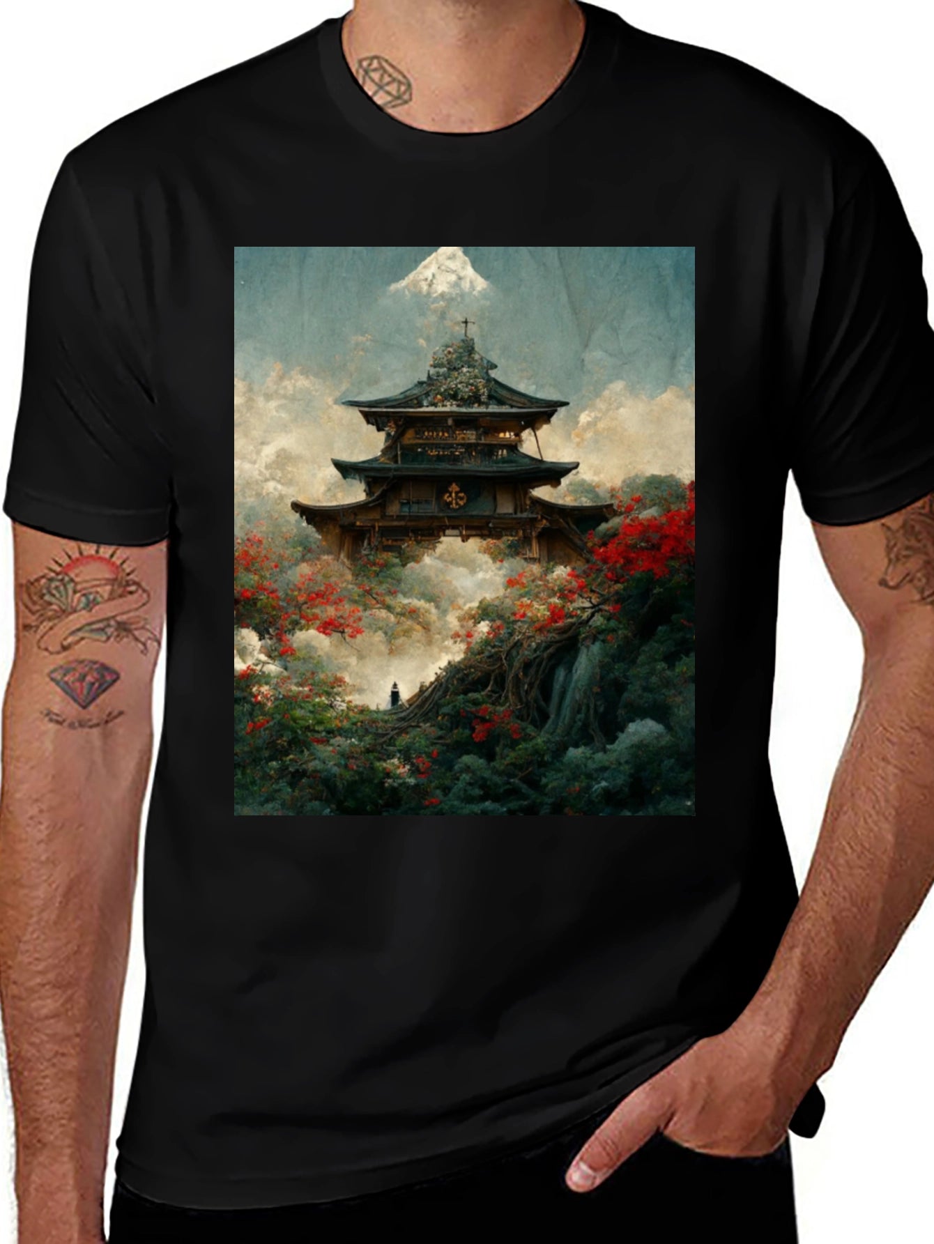 Japanese Temple Print Black T-Shirt