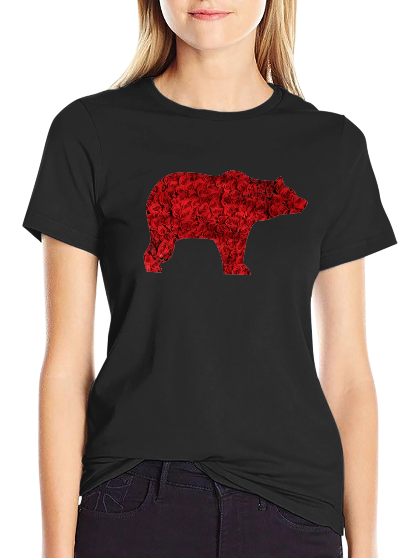 Floral Bear Graphic Tee - Black Casual T-Shirt