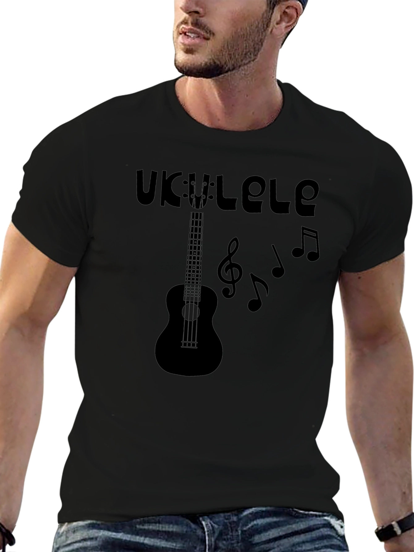 Ukulele Music Graphic Tee - Black Cotton T-Shirt