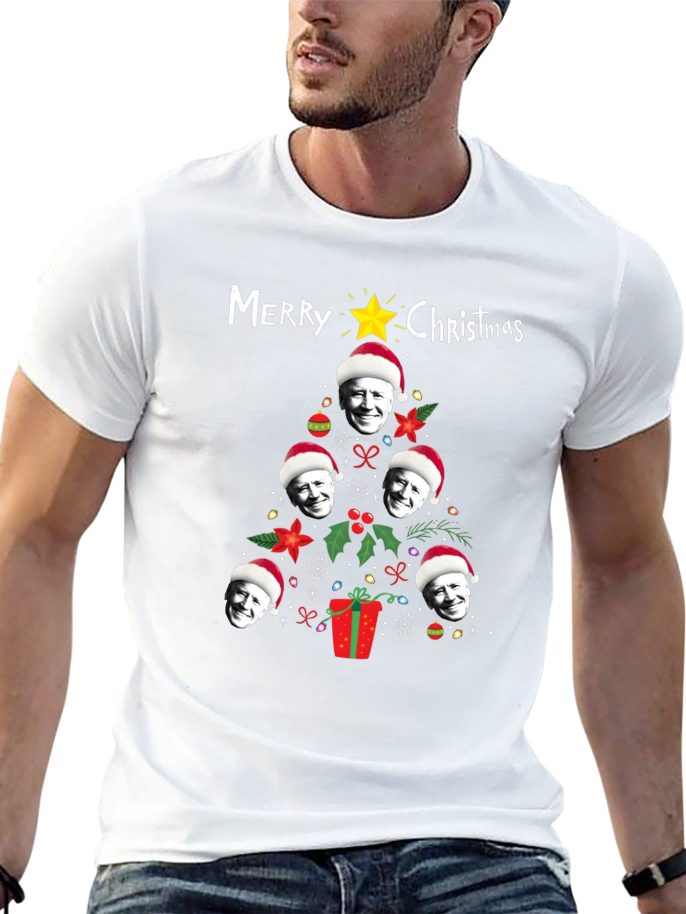 Funny Joe Biden Christmas Tree Graphic T-Shirt