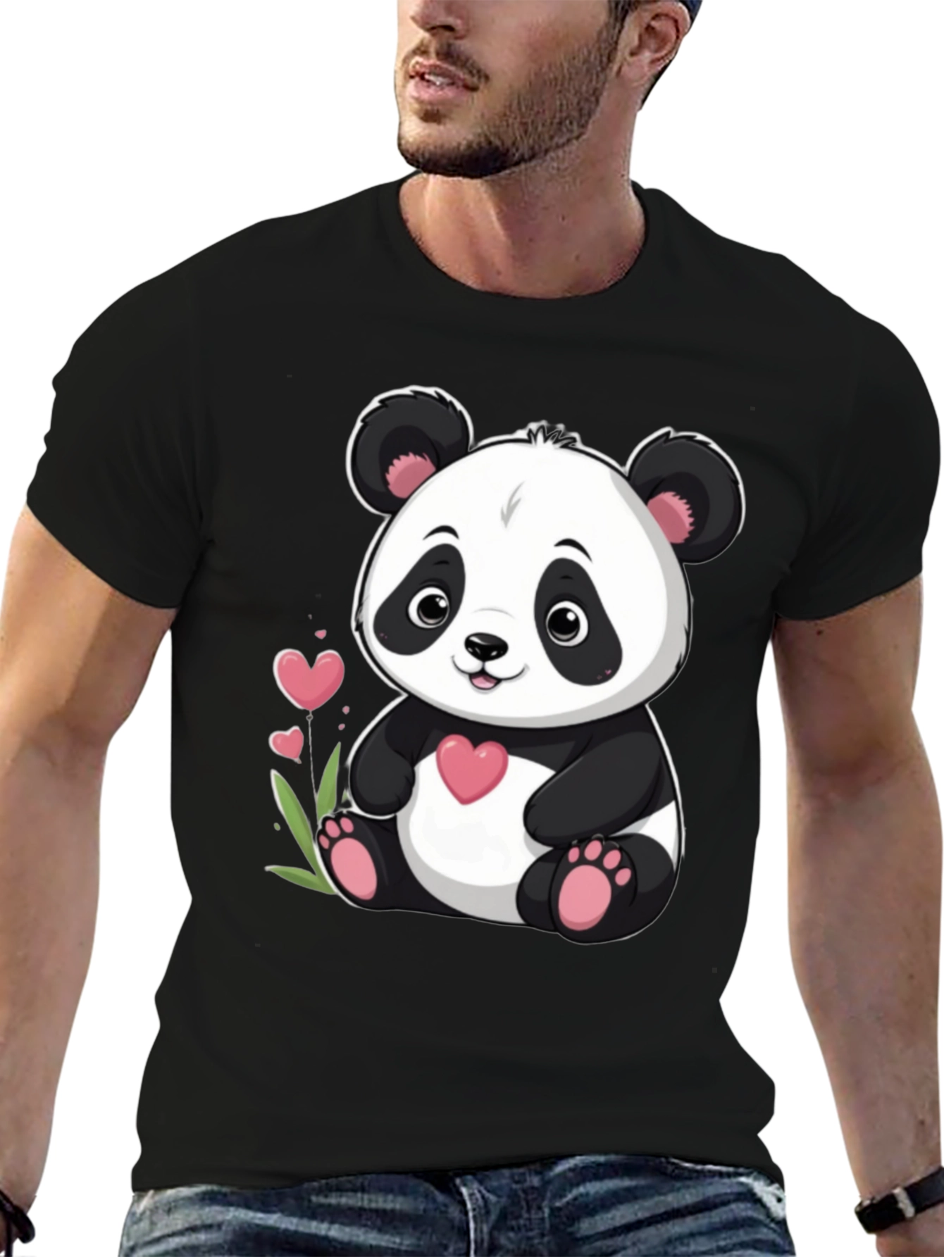 Cute Panda Bear Graphic Tee - Black Cotton T-Shirt