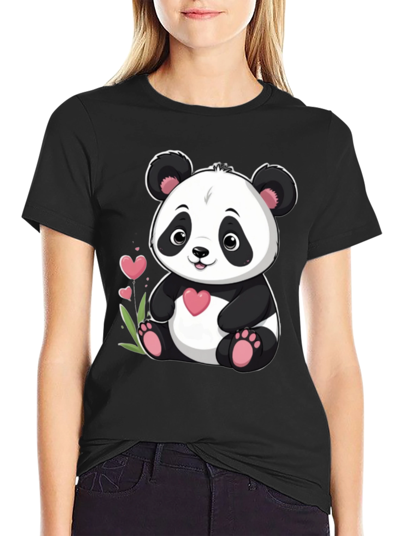Cute Panda Bear Graphic Tee - Black Cotton T-Shirt