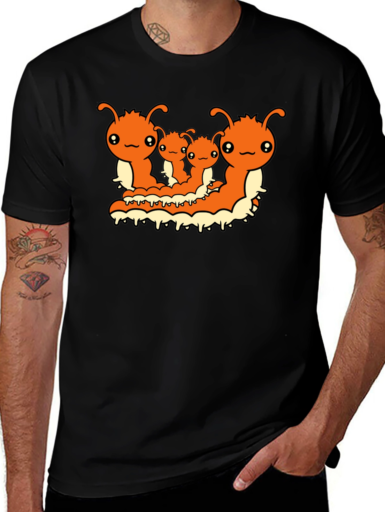 Cute Caterpillar Family T-Shirt - Black Cotton Tee