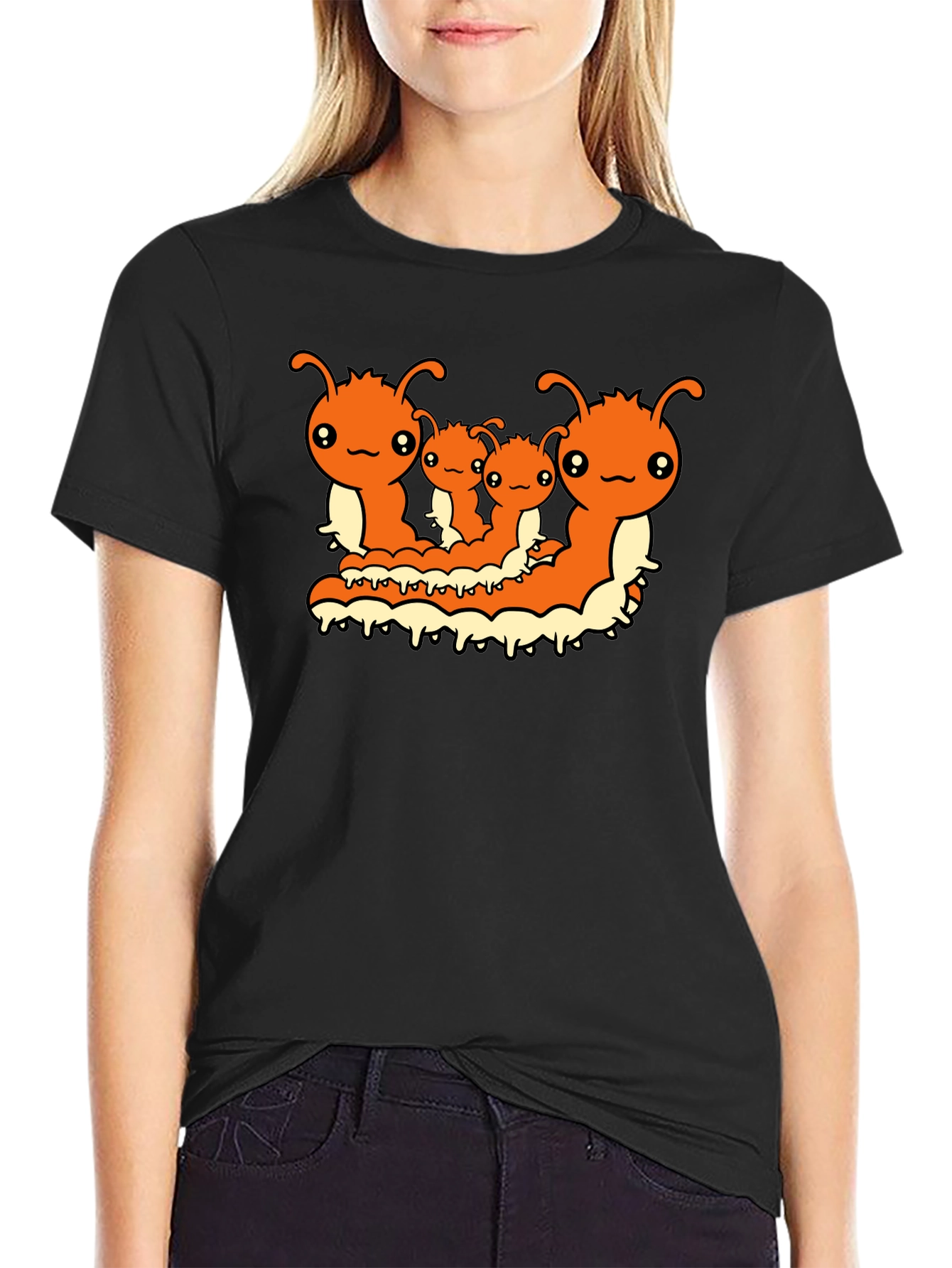 Cute Caterpillar Family T-Shirt - Black Cotton Tee