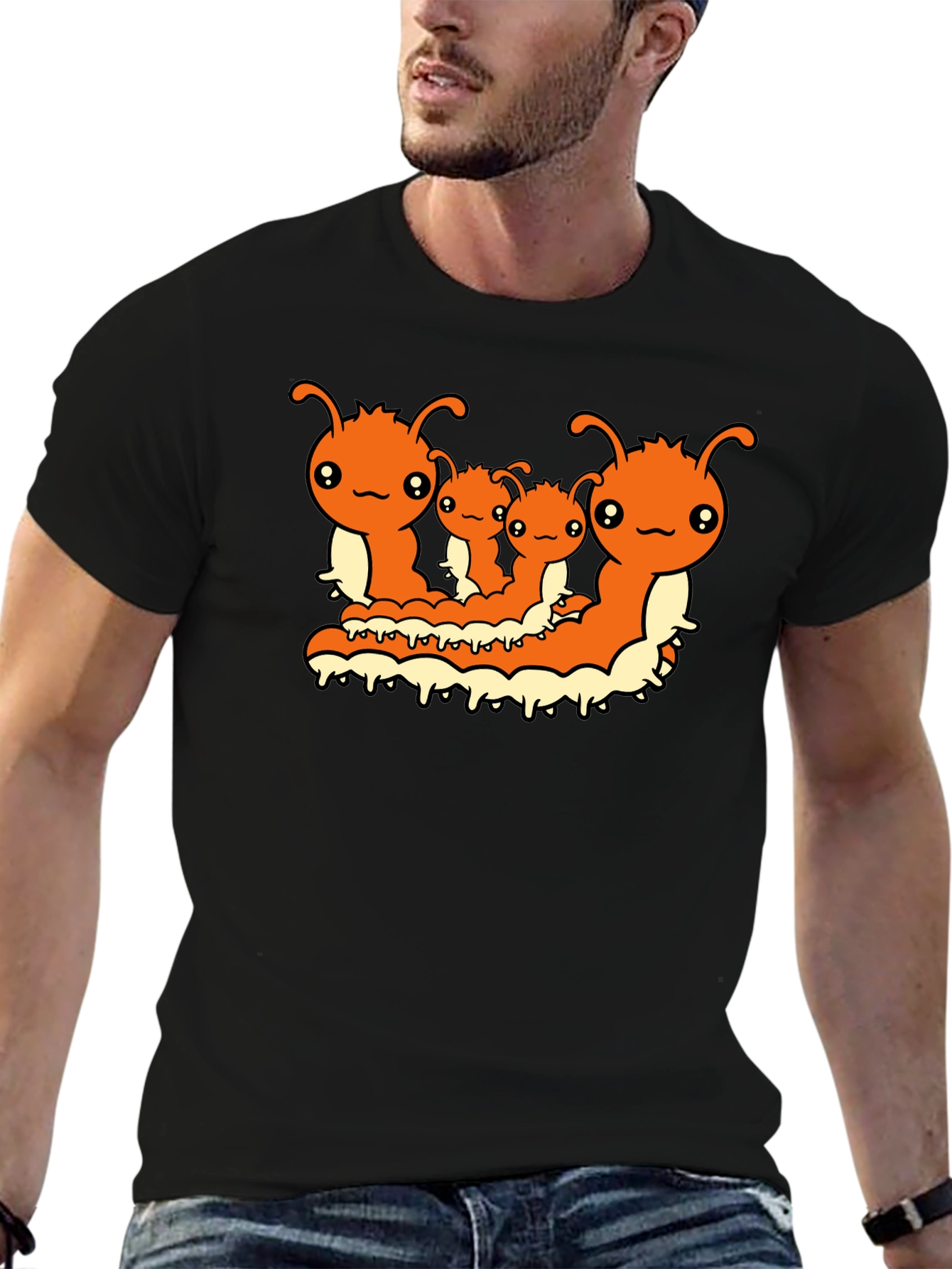 Cute Caterpillar Family T-Shirt - Black Cotton Tee