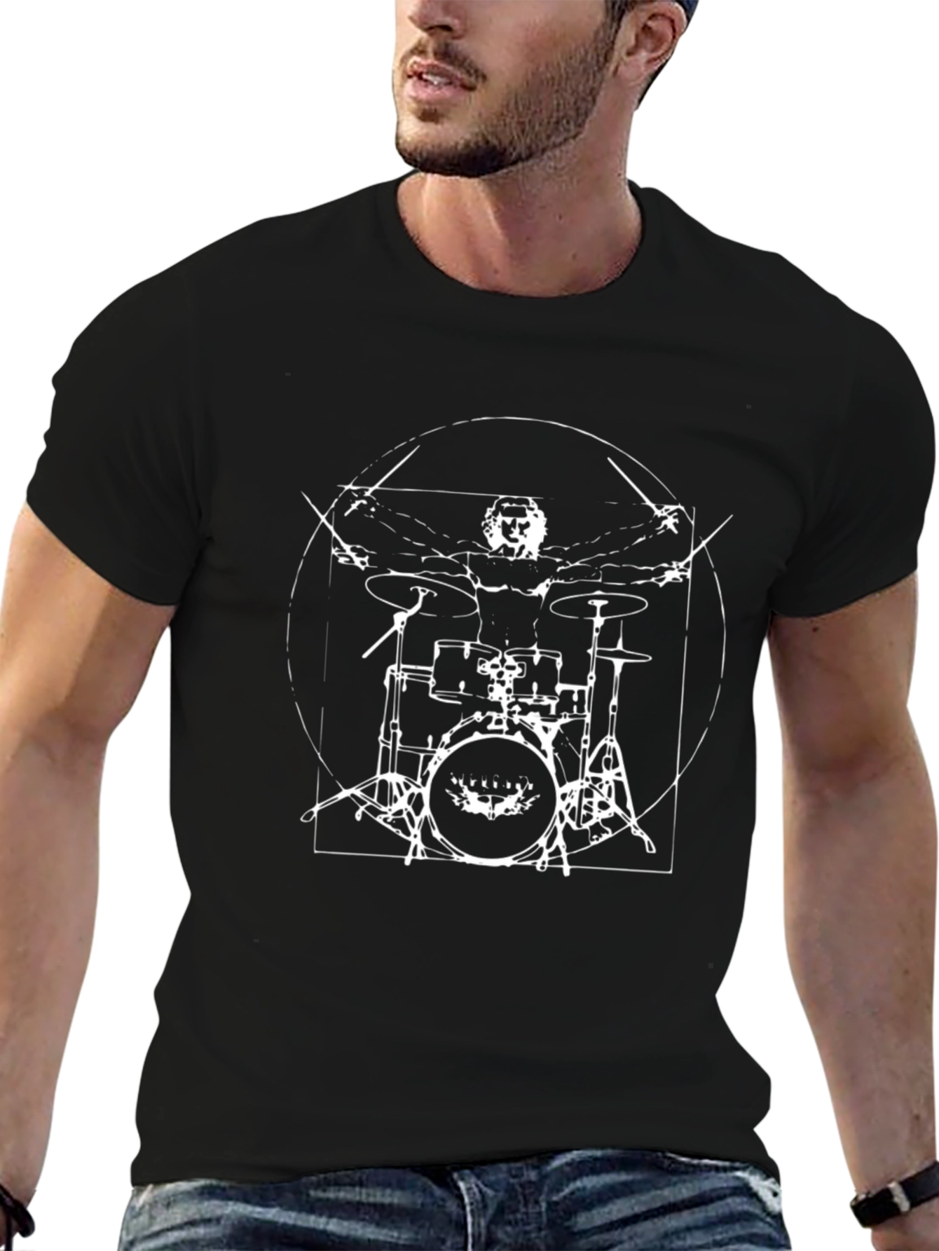 Drummer Vitruvian Man T-Shirt - Black Cotton Tee
