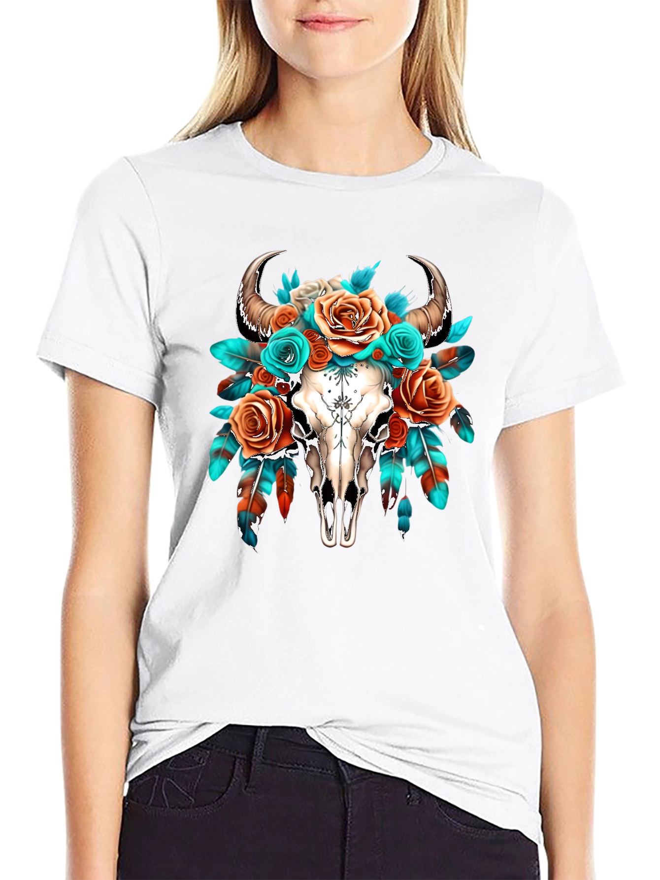 Boho Bull Skull Floral Graphic Tee