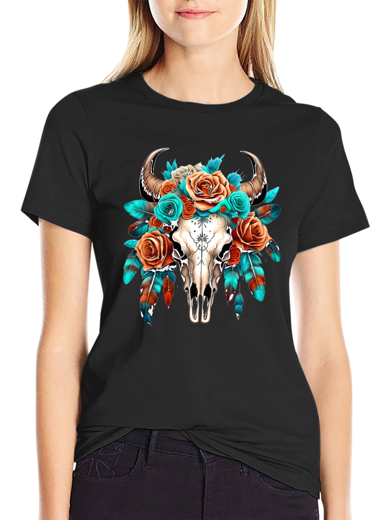 Boho Bull Skull Floral Graphic Tee