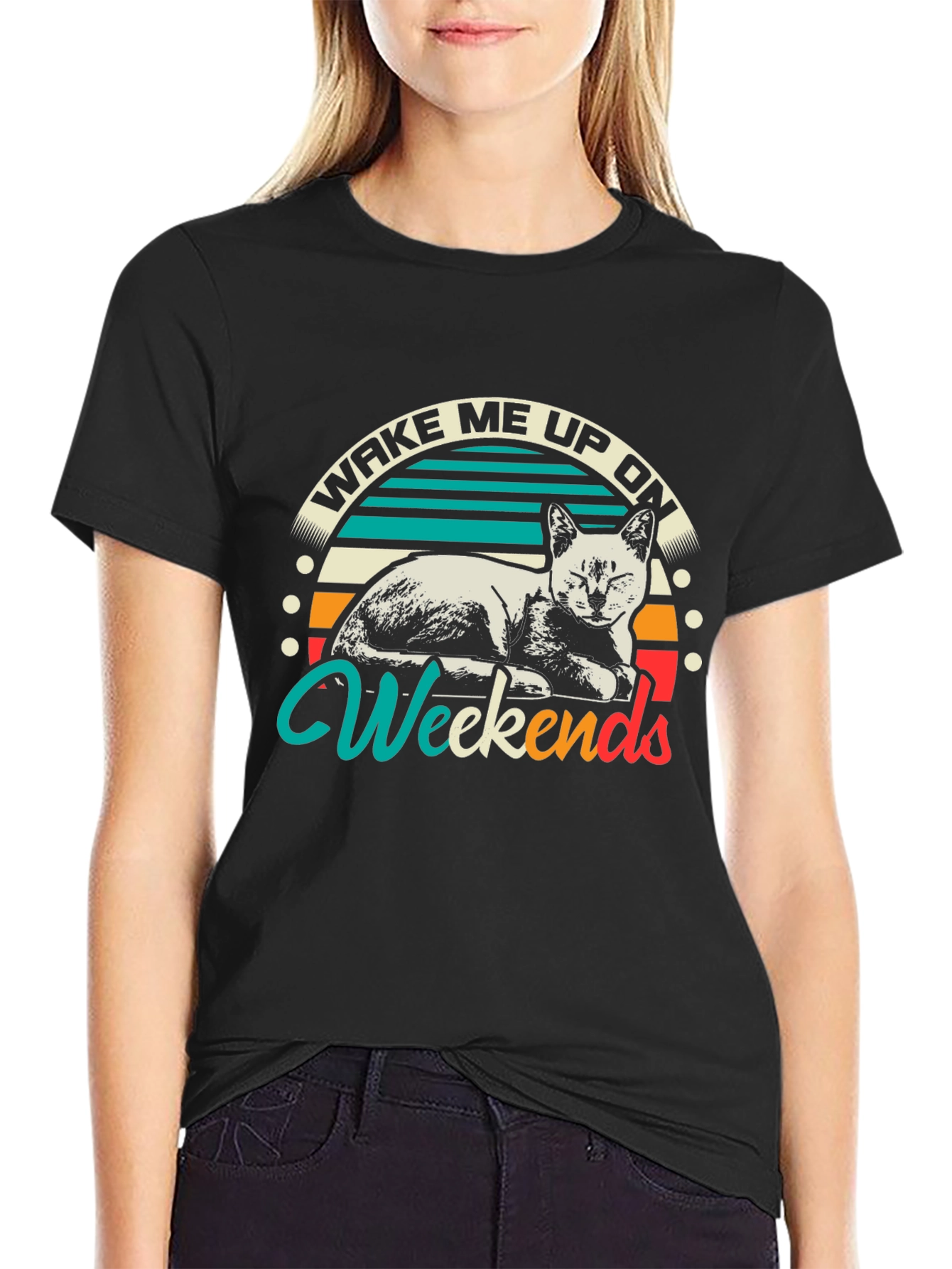 Wake Me Up On Weekends Cat Graphic T-Shirt