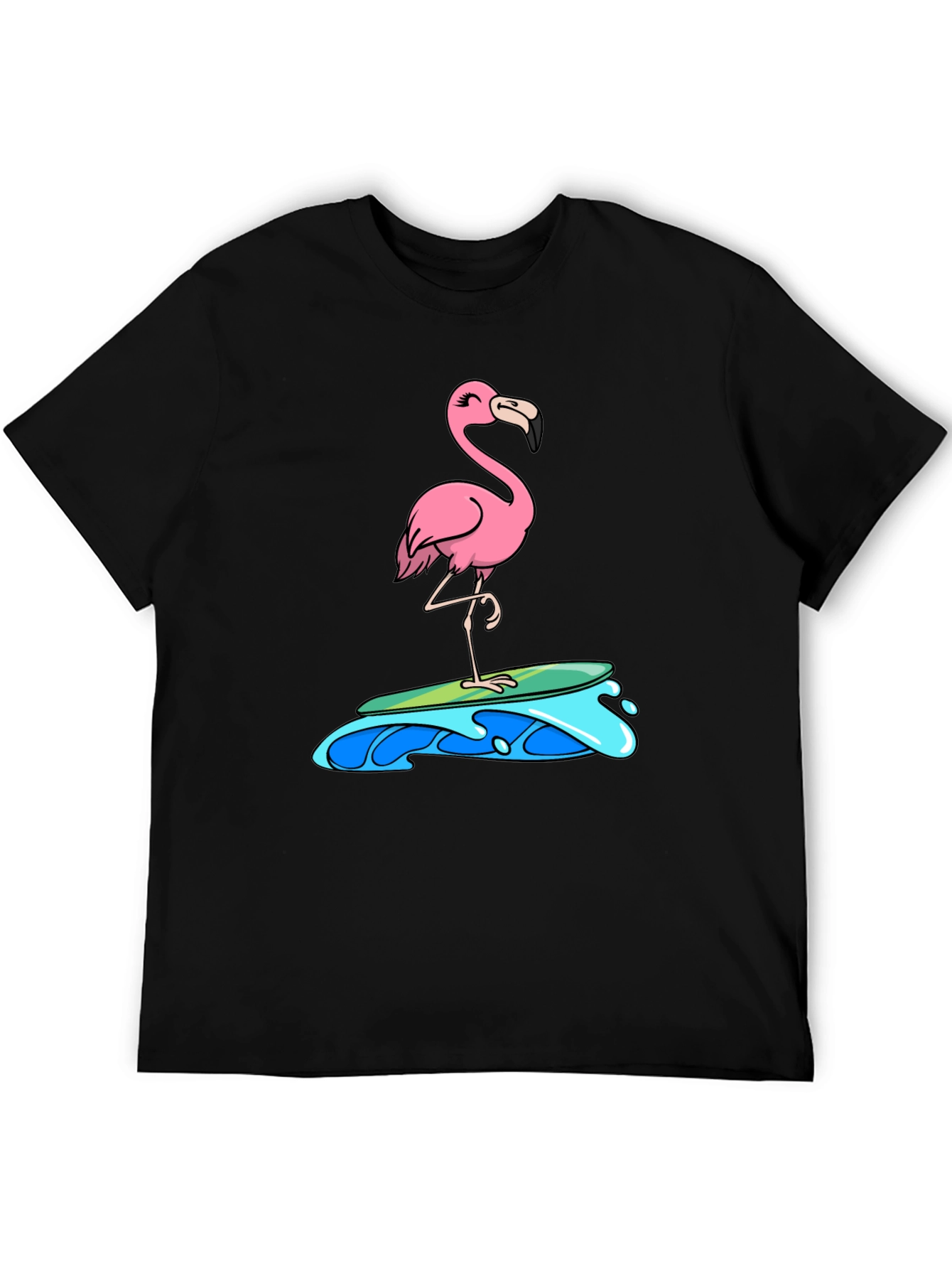 Surfing Flamingo Graphic Tee - Black Cotton T-Shirt