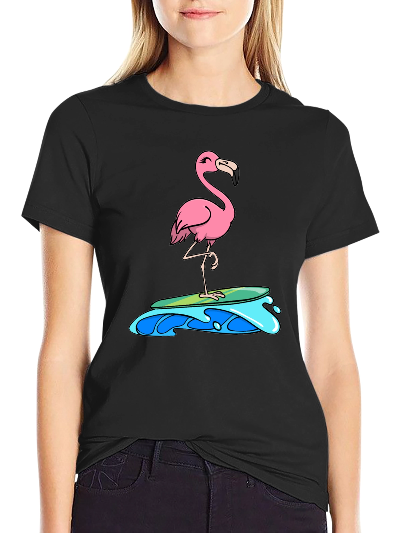 Surfing Flamingo Graphic Tee - Black Cotton T-Shirt