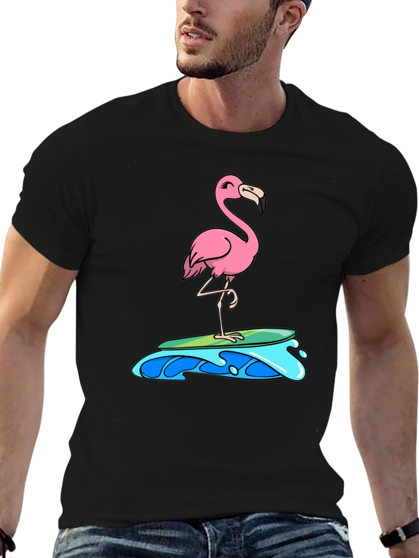 Surfing Flamingo Graphic Tee - Black Cotton T-Shirt