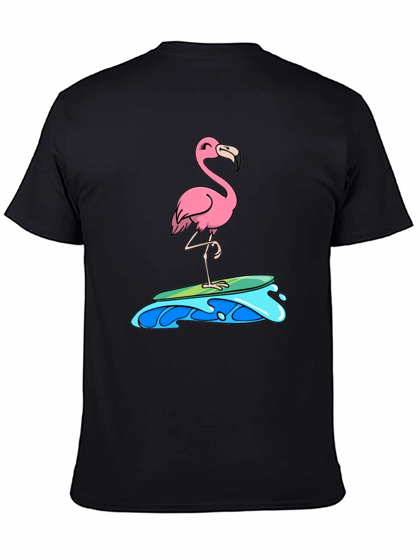 Surfing Flamingo Graphic Tee - Black Cotton T-Shirt