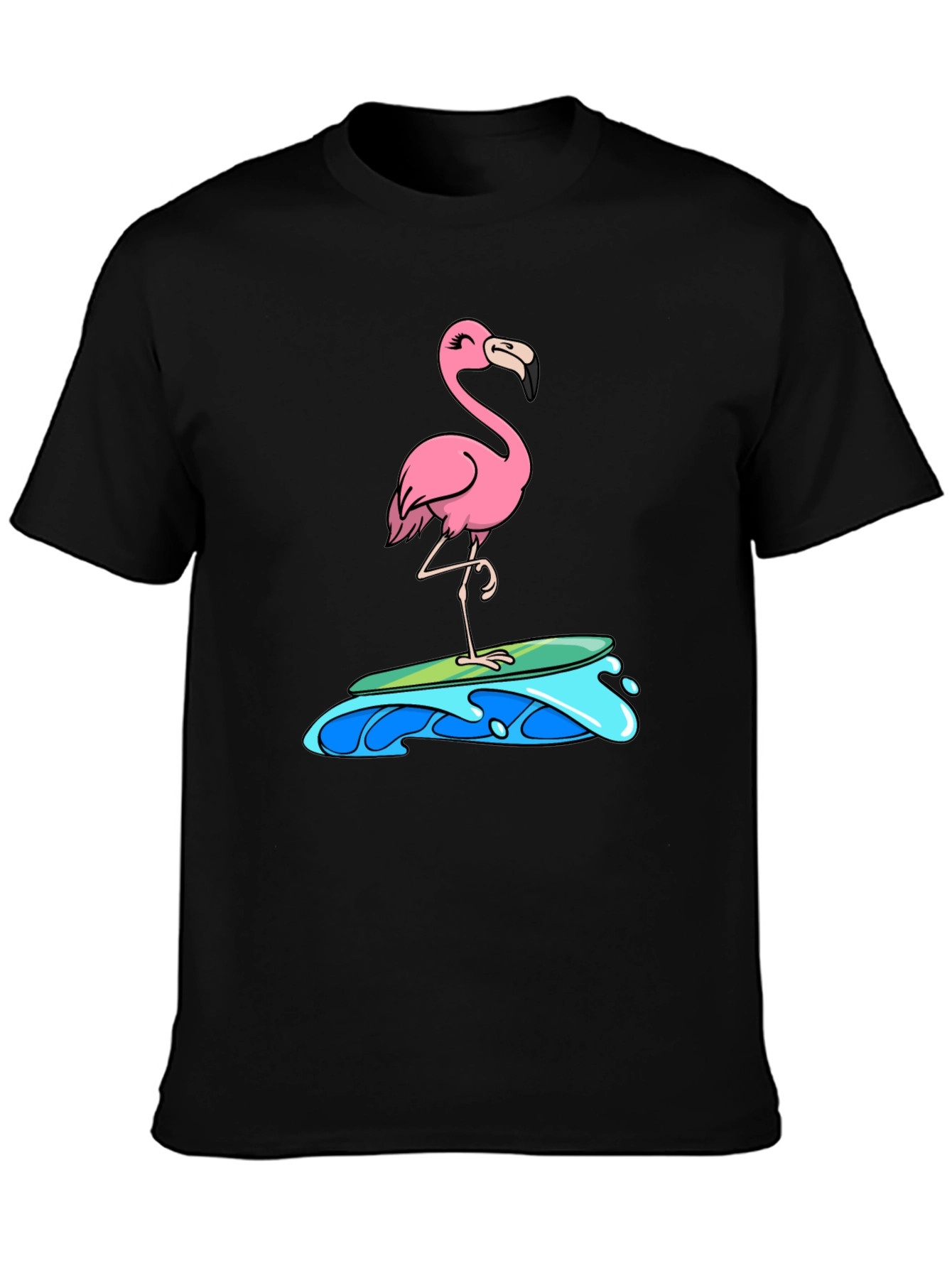 Surfing Flamingo Graphic Tee - Black Cotton T-Shirt