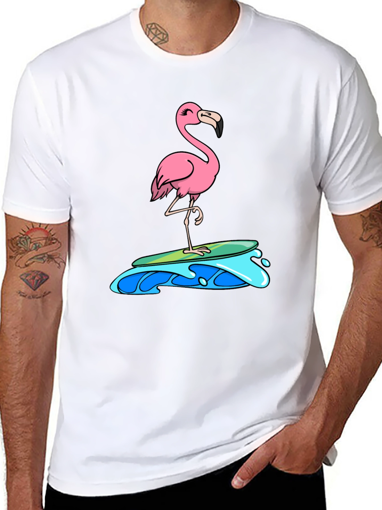 Surfing Flamingo Graphic Tee - Black Cotton T-Shirt