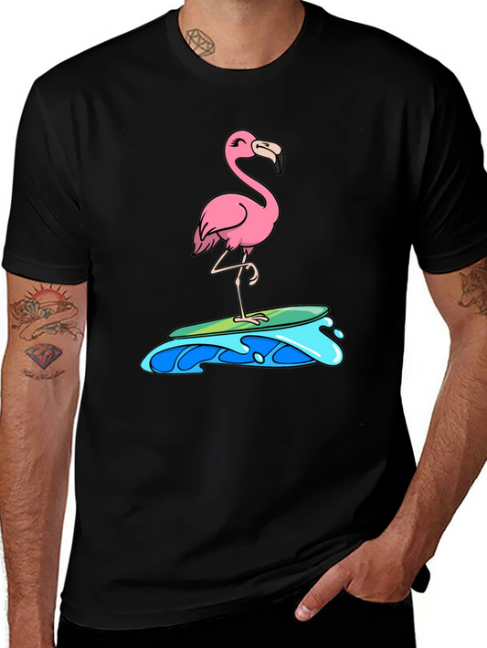Surfing Flamingo Graphic Tee - Black Cotton T-Shirt